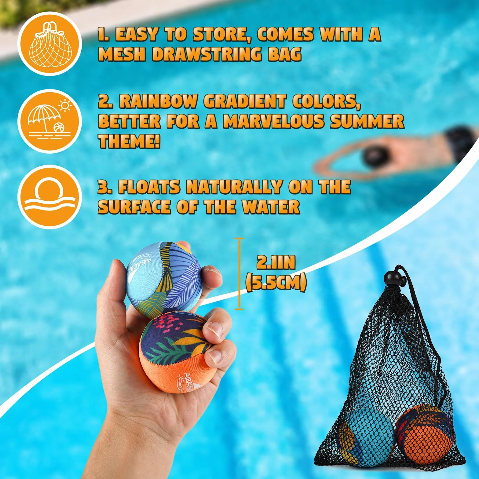 Pelota Agua 2 Pcs Bola de Rebote de Agua, Pelotas De Agua Reutilizables Water Bouncing Ball Secado Rápido Juegos de Playa Piscina Mar Fiesta y Actividades para Niños Adultos (Naranja + Azul)