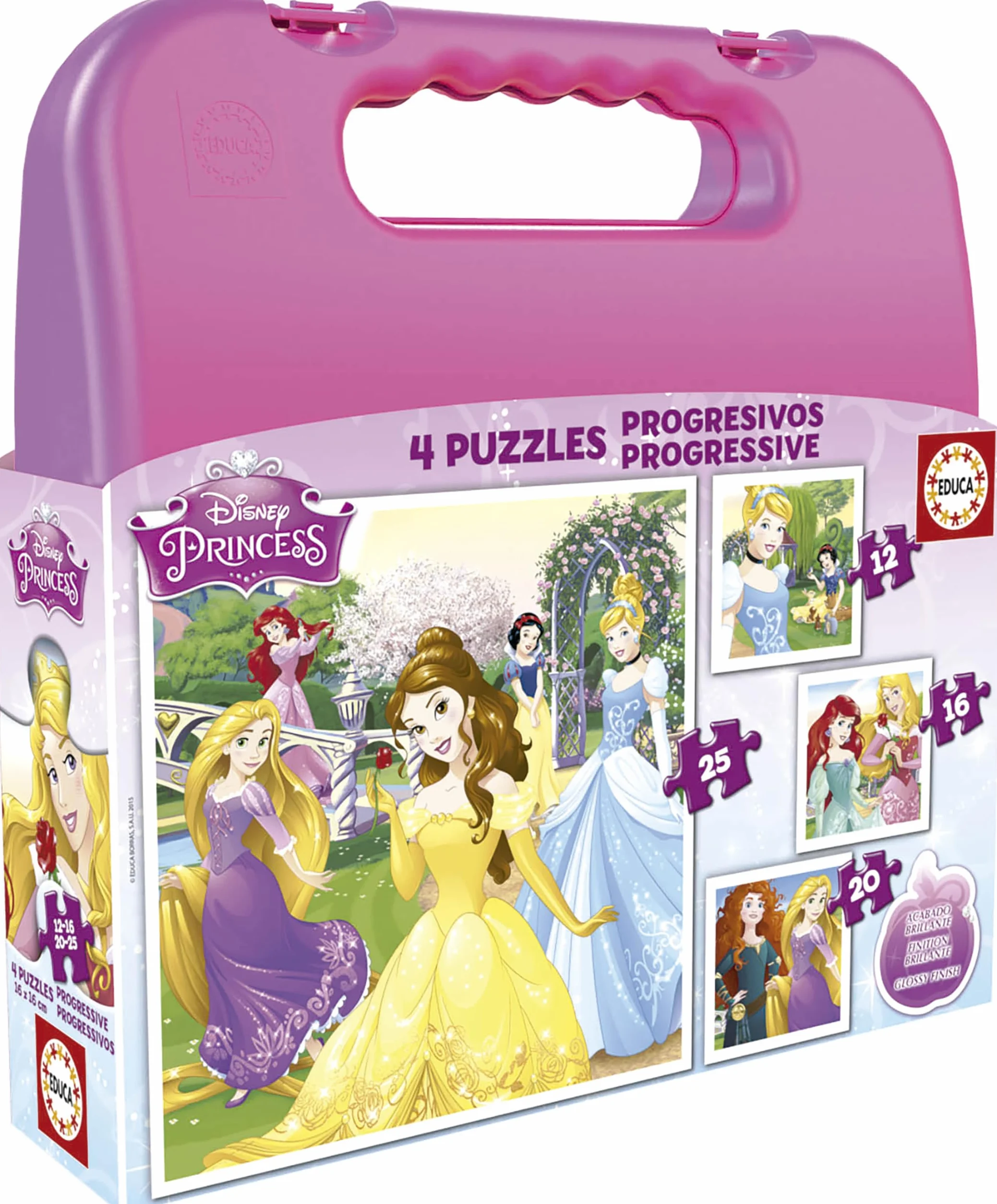 Educa - Princesas Disney | Set de 4 Puzzles Infantiles progresivos de 12 a 25 Piezas | Medida una Vez montado: 16 x 16 cm | Compuesto por Grandes Piezas | A Partir de 3 años (16508)