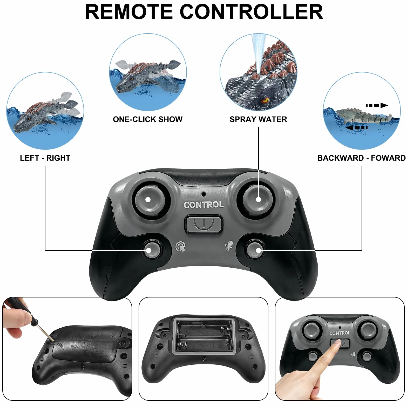 Juguetes Mosasaurus con Control Remoto para niños, Barcos Teledirigido, Barco de Dinosaurio Eléctrico RC con Agua pulverizada y luz para Piscina, Lago, baño, Juguetes de baño (Gris)