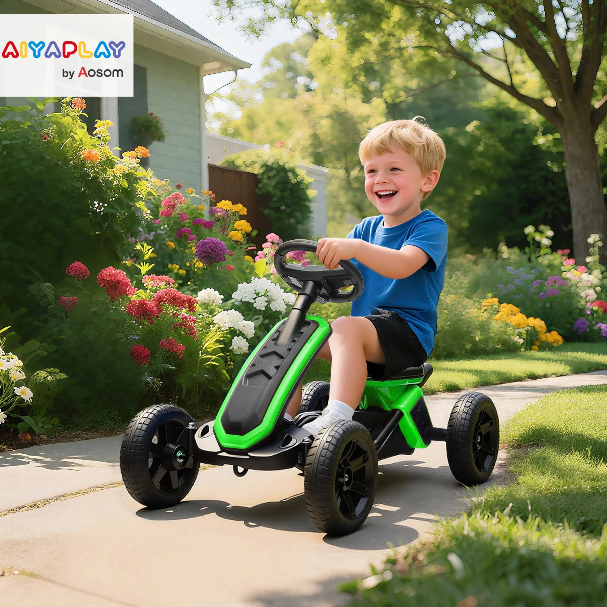 AIYAPLAY Kart Pedales, Go Kart con Ruedas Antideslizantes de EVA, Marco Metálico, Carga 30 kg, para Niños y Niñas de 2-5 Años, Verde