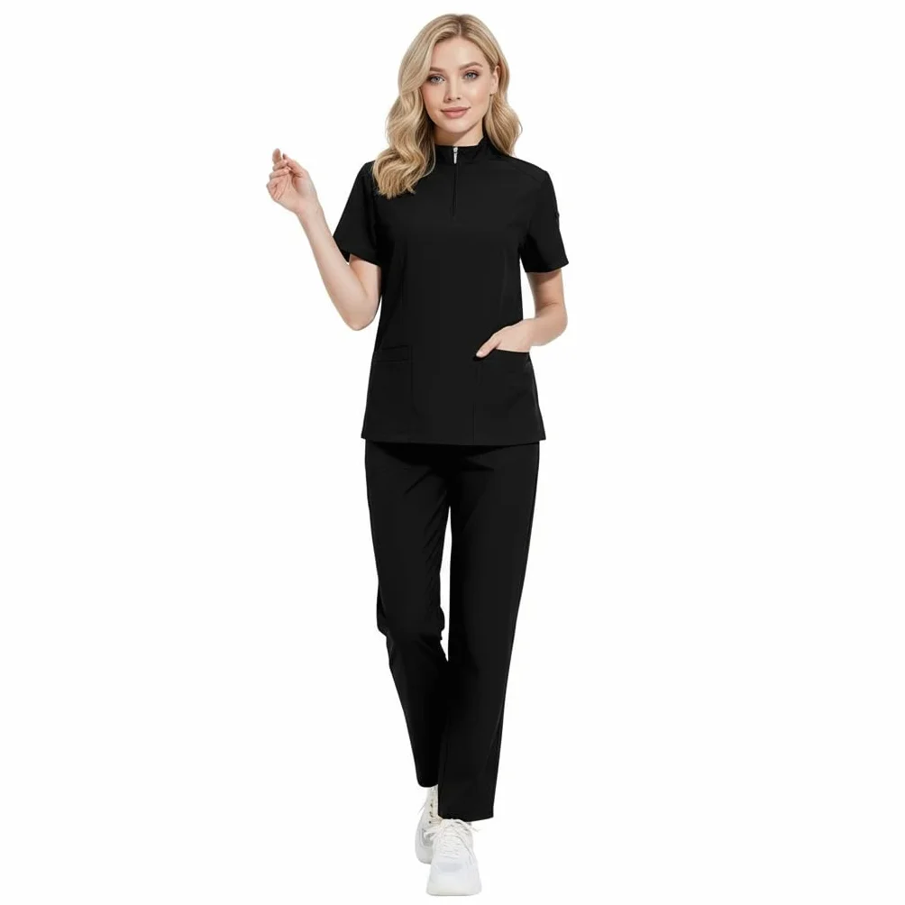 Set de uniformes médicos para mujer DK50 con cuello en V y cremallera, cuatro bolsillos, pantalón de yoga elastizado