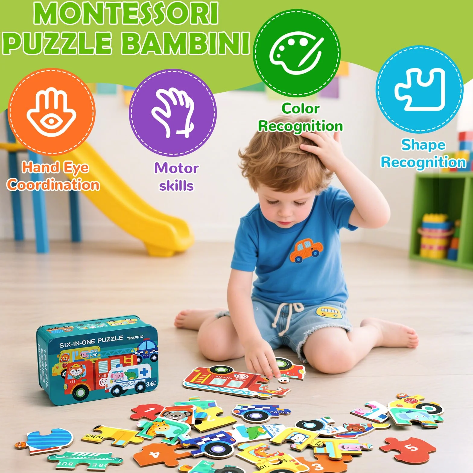BBLIKE Puzzle 3 Años Juguetes Educativos Montessori, Puzzle Infantil 6 en 1 con Caja de Almacenamiento, Regalo para Niños 1-5 Años Conocer Animales y Automóviles, Juegos Didácticos Preescolar (Bus)