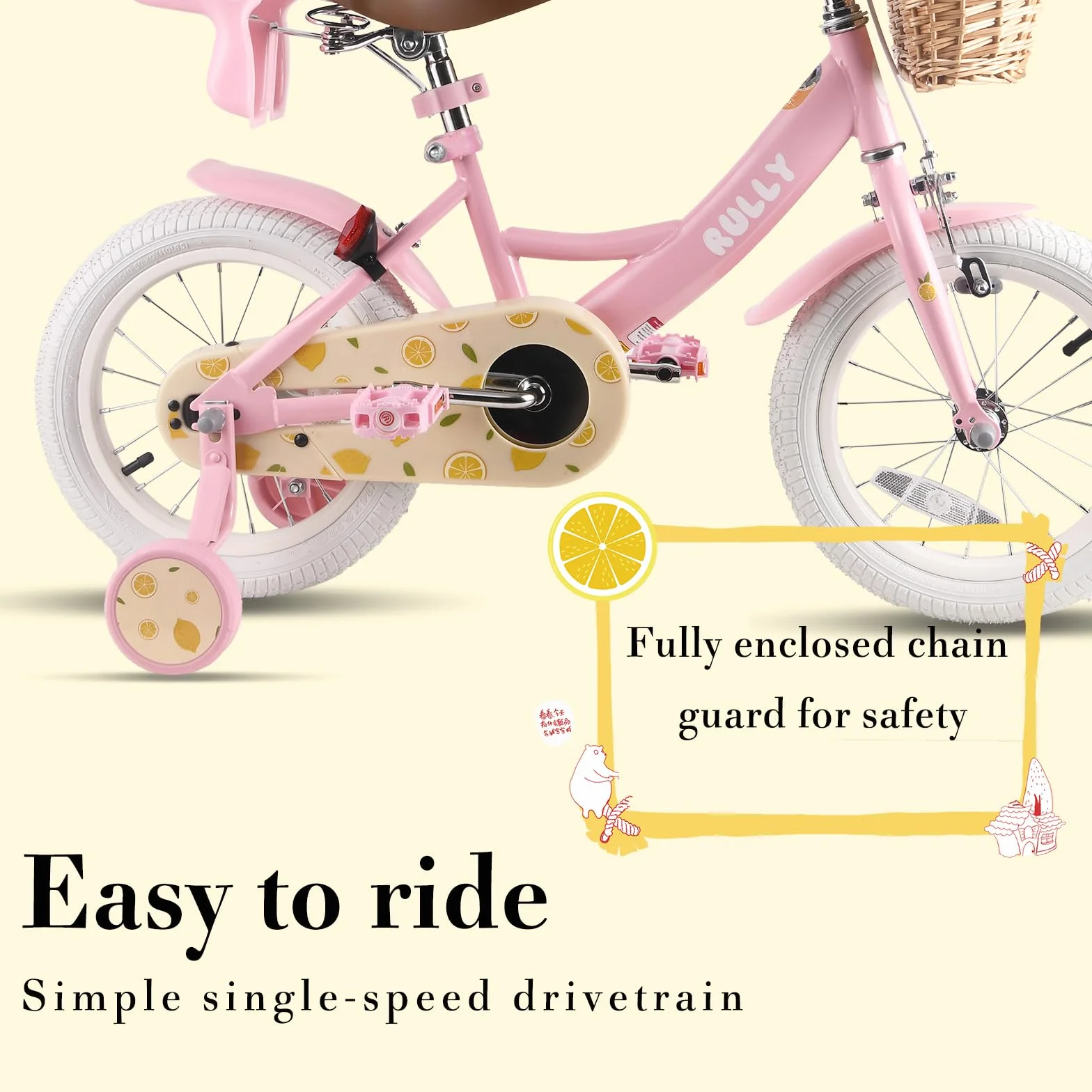 RULLY Bicicleta Infantil Fruit de 12, 14, 16 Pulgadas para Niñas de 2 a 7 Años – Bicicleta para Niñas con Ruedas de Apoyo, Cesta y Silla para Muñecas