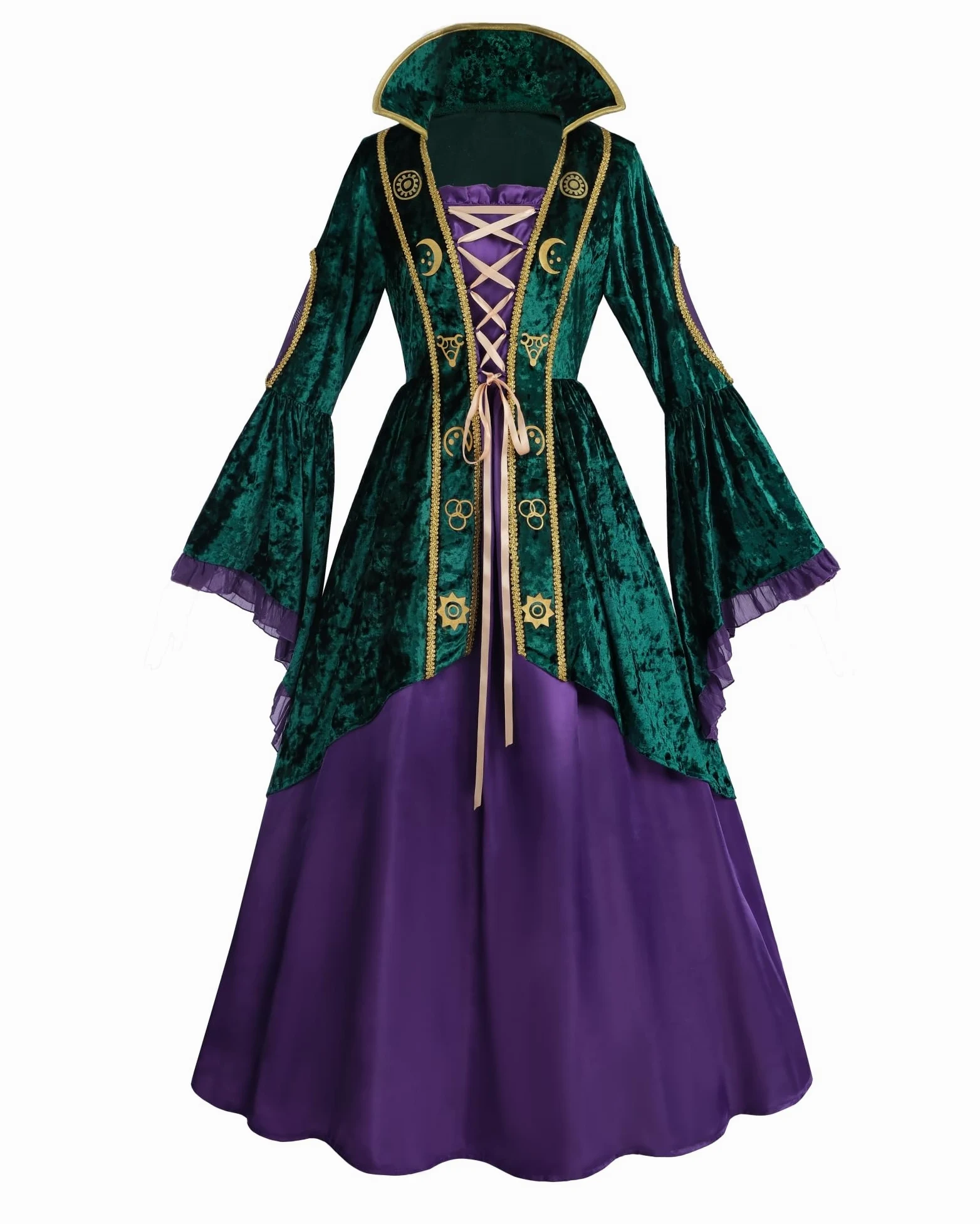 Fiamll Vestido de bruja verde vintage para mujer, vestido de cosplay, con aspecto de terciopelo, para Halloween, carnaval, fantasía, bruja, estilo retro, atuendo para mujeres