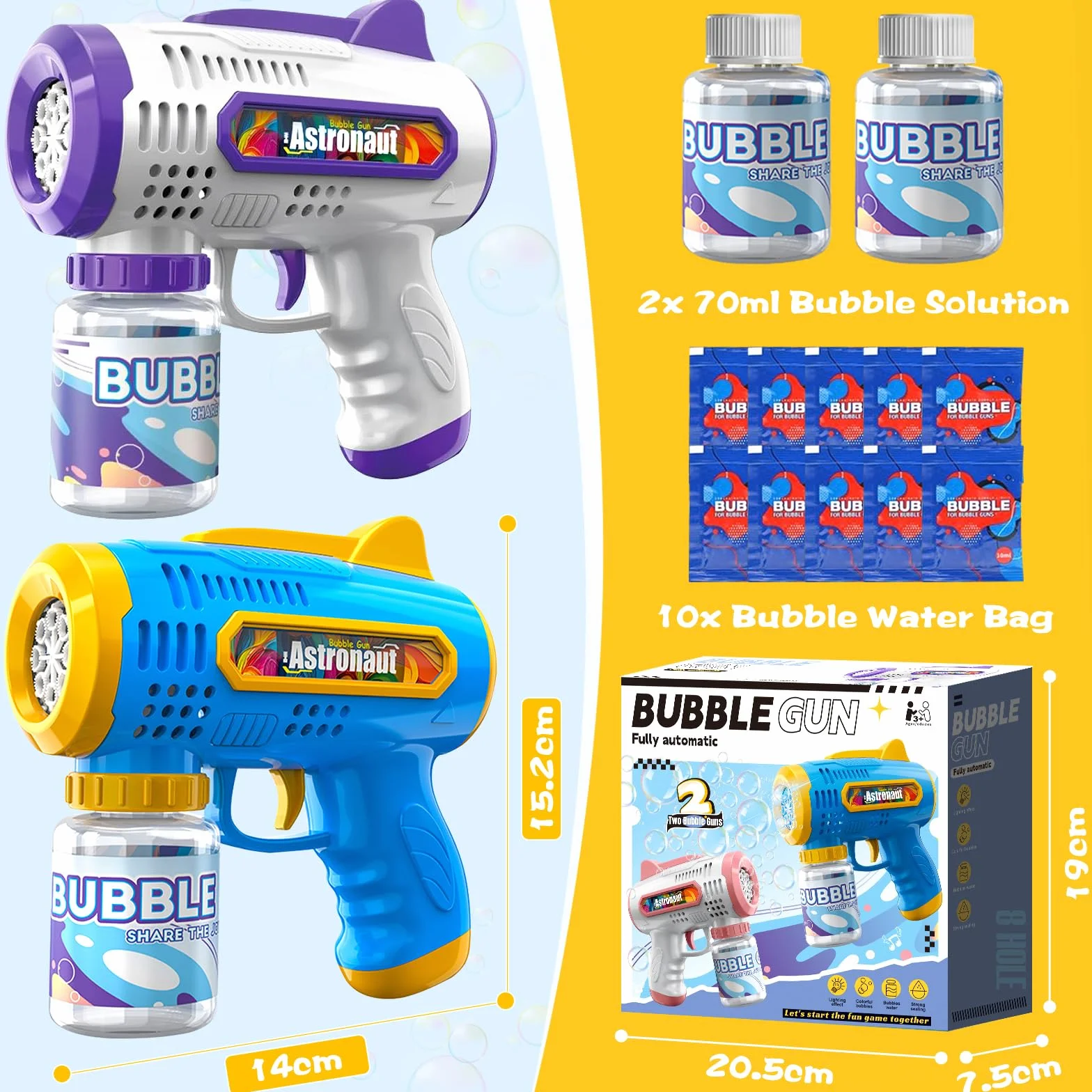 2 Pistola de Burbujas para Niños Máquina Burbujas de Jabon Niños Máquina Automática de Burbujas 10000+ Burbujas para Cumpleaños Fiestas, Aire Libre Bodas