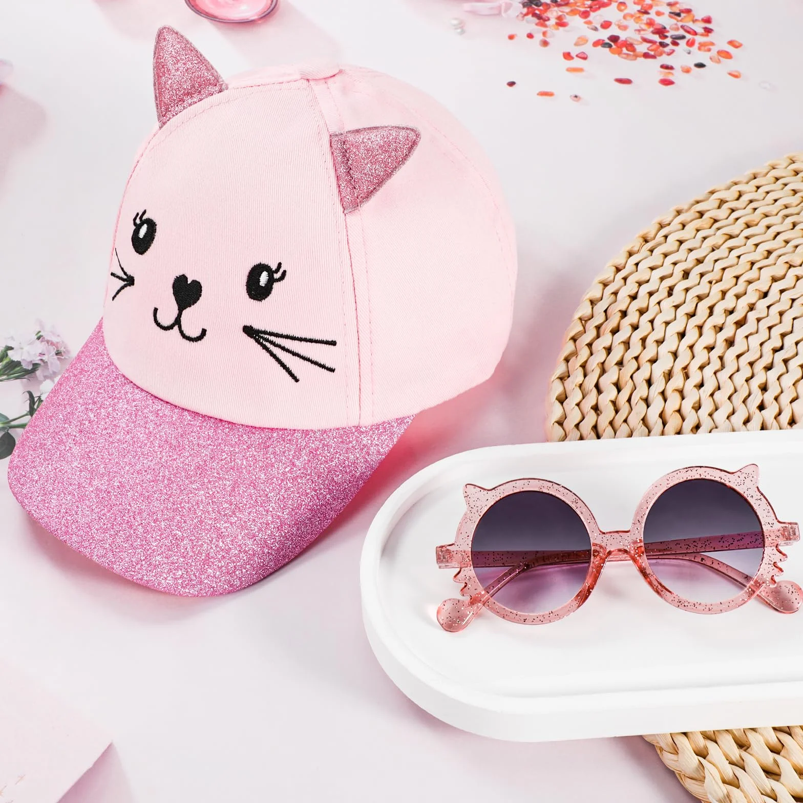 Gorra de Béisbol para Niñas con Orejas de Gato, Gafas de Sol Protección UV Ajustable Sombrero de Lentejuelas Visera