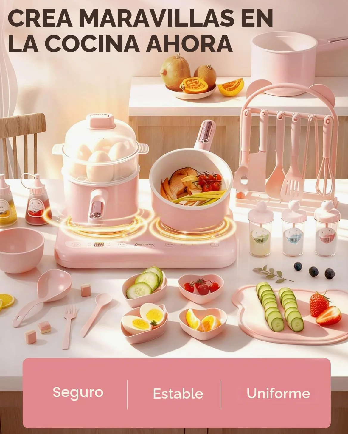 BICRET Juego de Cocina Eléctrica para Niños con Doble Fuego, Accesorios Completos, Incluye Utensilios de Cocina y Cuchillo de Chef Seguro, para Niños de 8 a 12 Años (Rosa)