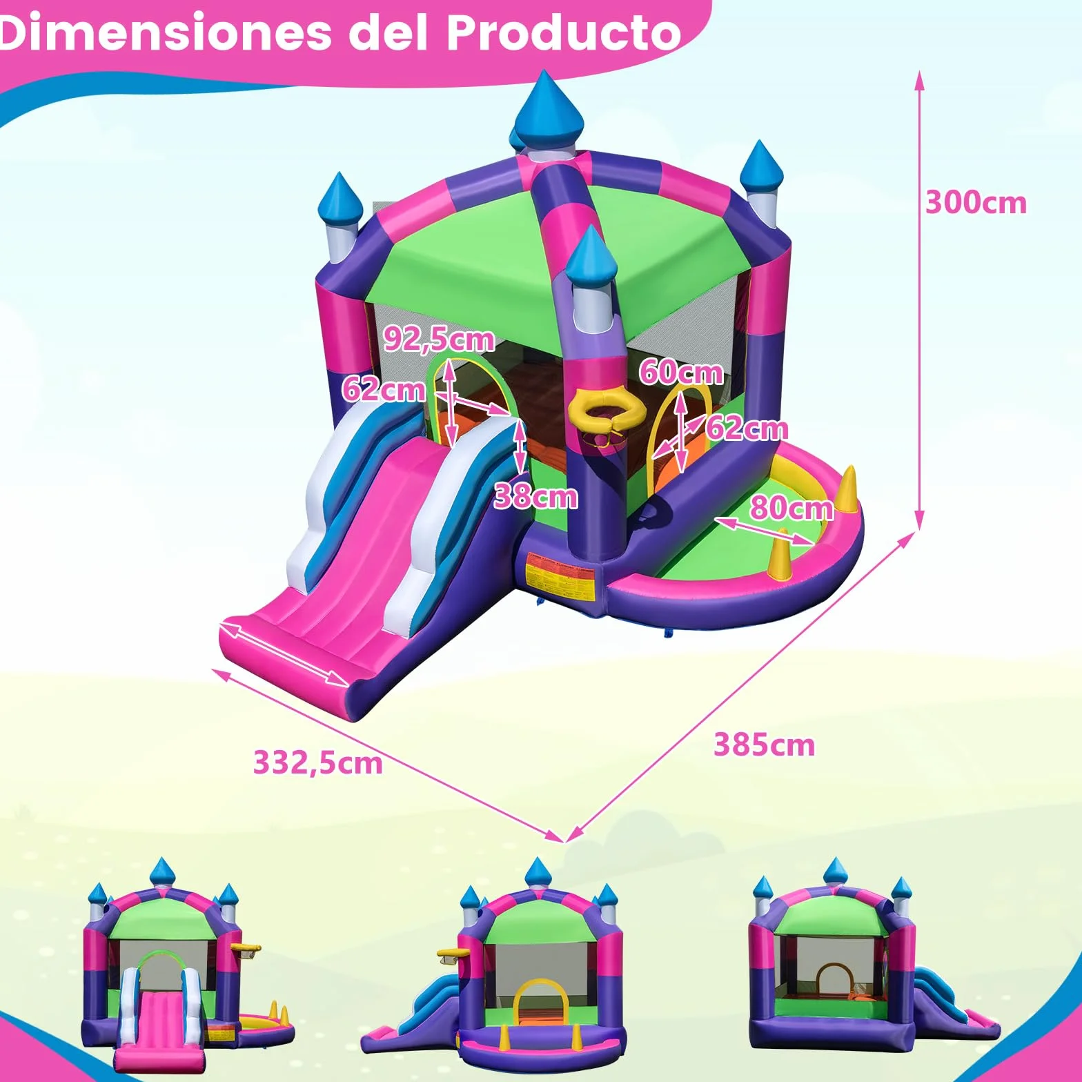 COSTWAY 5 en 1 Castillo Hinchable para Niños, Castillo Hinchable Grande con Tobogán, Piscina de Bolas, Techo Sombreado, para Niños 3-10 Años, Insuflavel Criança Interior Exterior, 385 x 332,5 x 300 cm