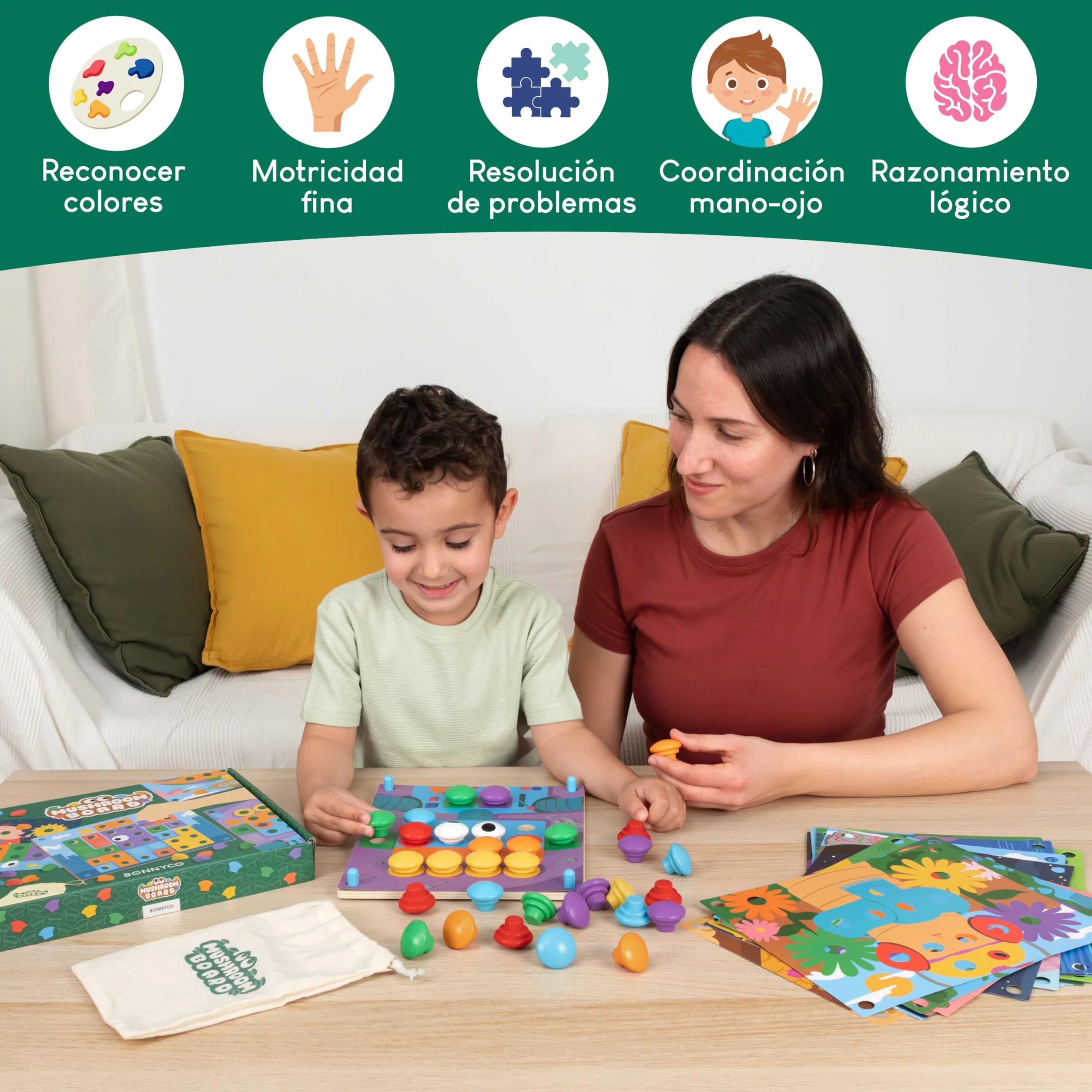 BONNYCO Puzzle Madera 50 Plantillas 32 Botones Mosaico Infantil Motricidad Fina Rompecabezas Juguetes Niños 2 Años Juegos Educativos Montessori