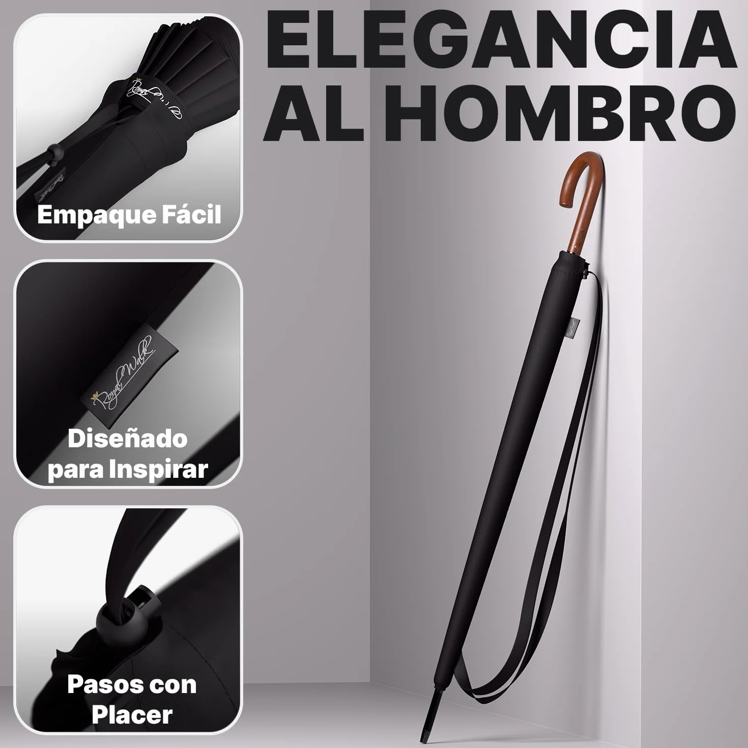 Royal Walk Paraguas Antiviento Automático 54 Pulgadas 120cm 16 Varillas Impermeable Negro