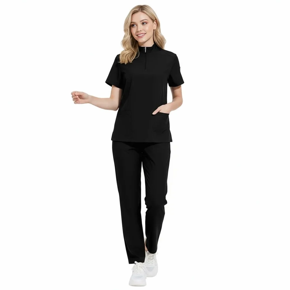 Set de uniformes médicos para mujer DK50 con cuello en V y cremallera, cuatro bolsillos, pantalón de yoga elastizado