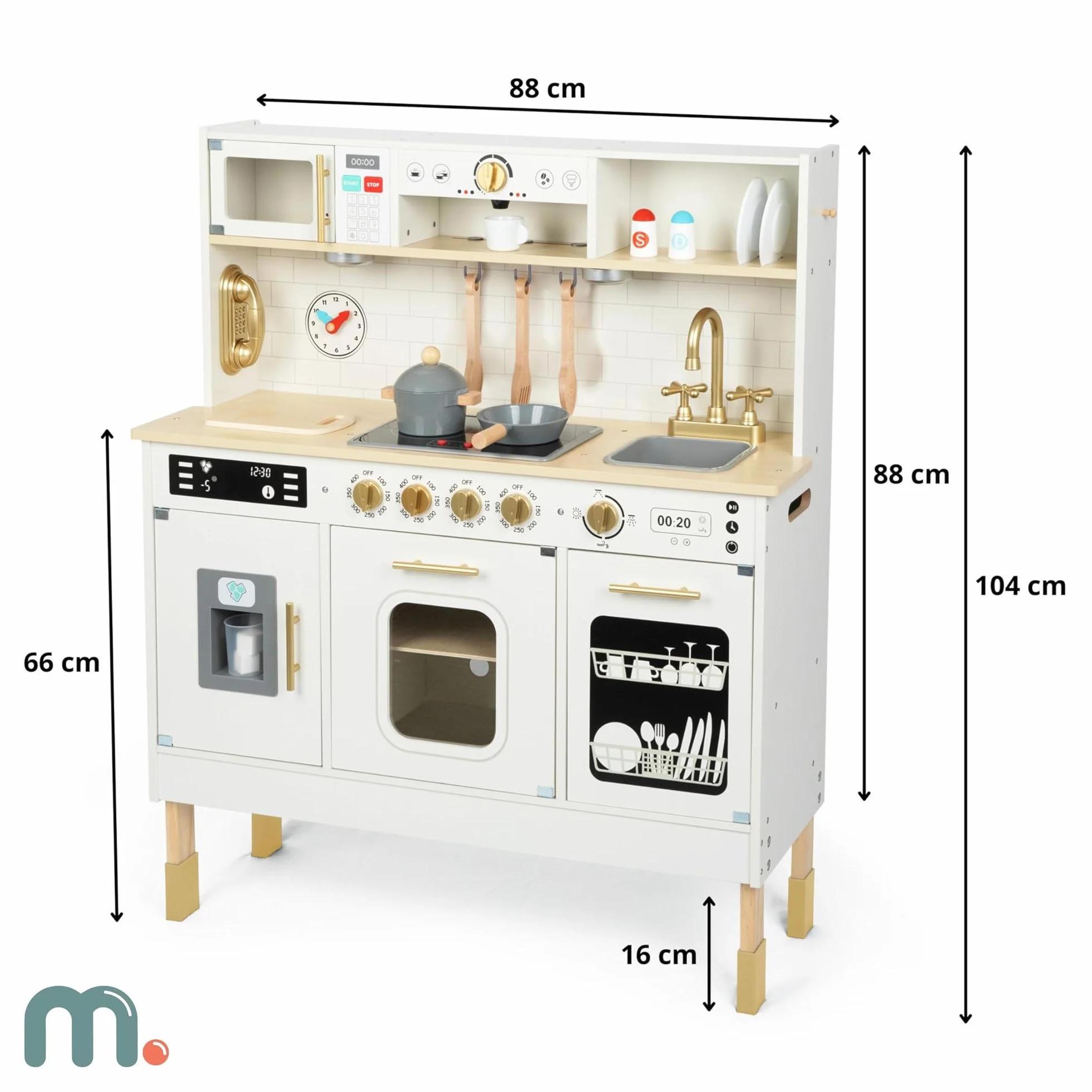 Mamabrum Cocina de Juguete para Niños de Madera con Luces LED - Juguetes Cocina Niños Interactiva con Altura Ajustable - Incluye Microondas, Lavavajillas y Accesorios - 104cm
