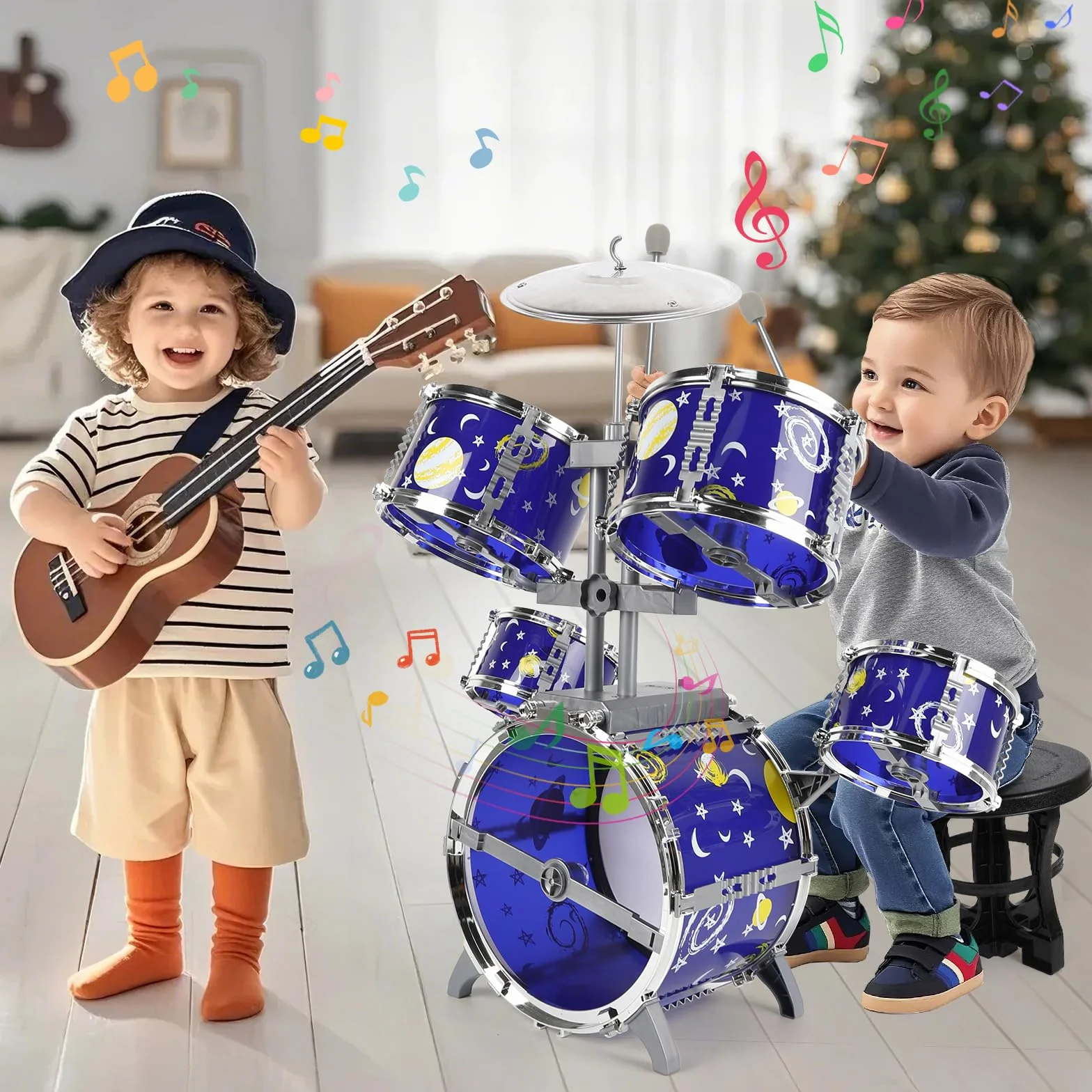 Bateria Infantil Musicales Niños con Luces y Kit de Tambores, Jazz Tambores con Taburete, Instrumentos Educativos para Niños 2-6 Años