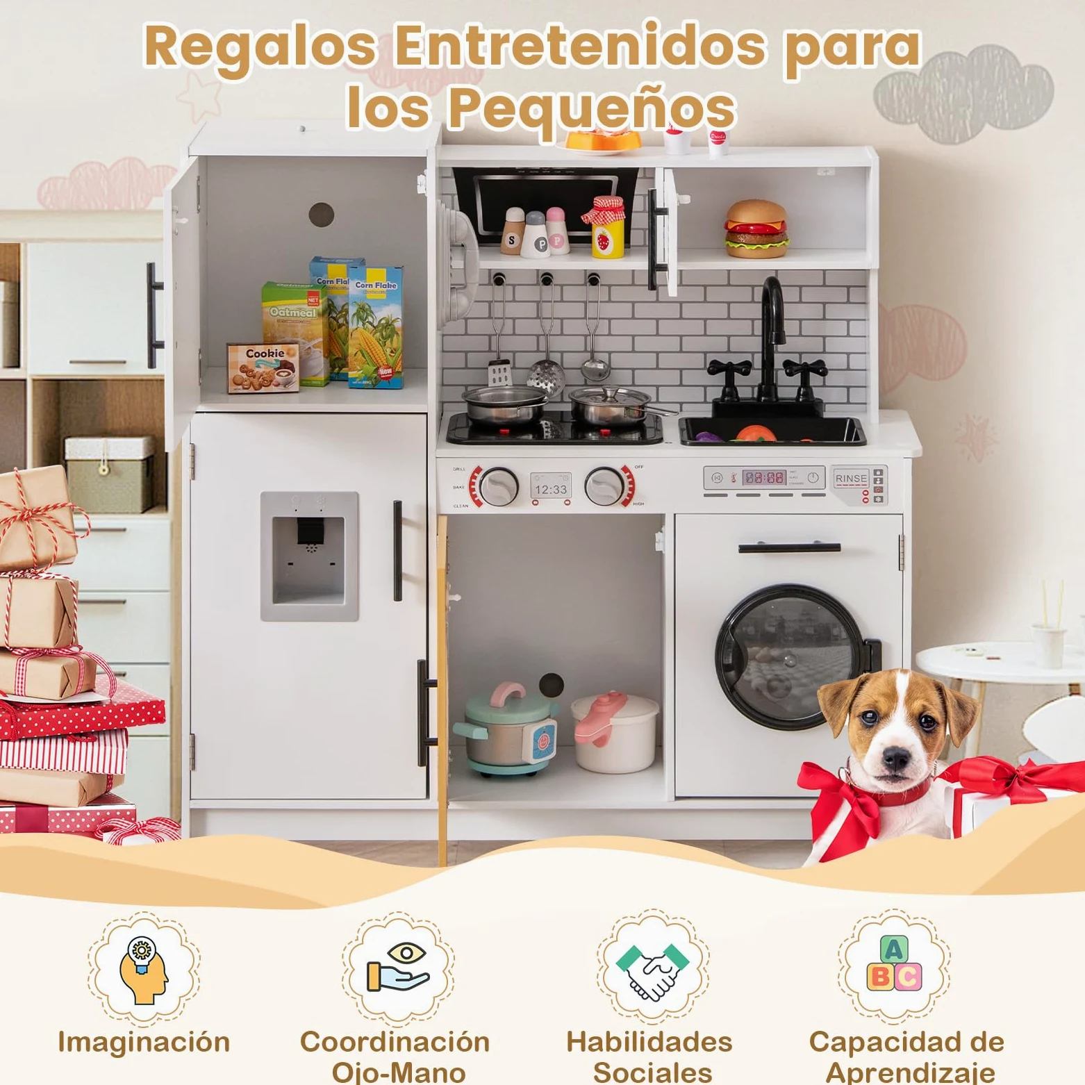 COSTWAY Cocina Juguete para Niños, Cocinita de Madera Infantil con Horno, Lavadora, Microondas, Dispensador de Agua, Teléfono, Sonidos y Luces Reales, Cocinita Infantil para Niños de 3+ Años (Blanco)