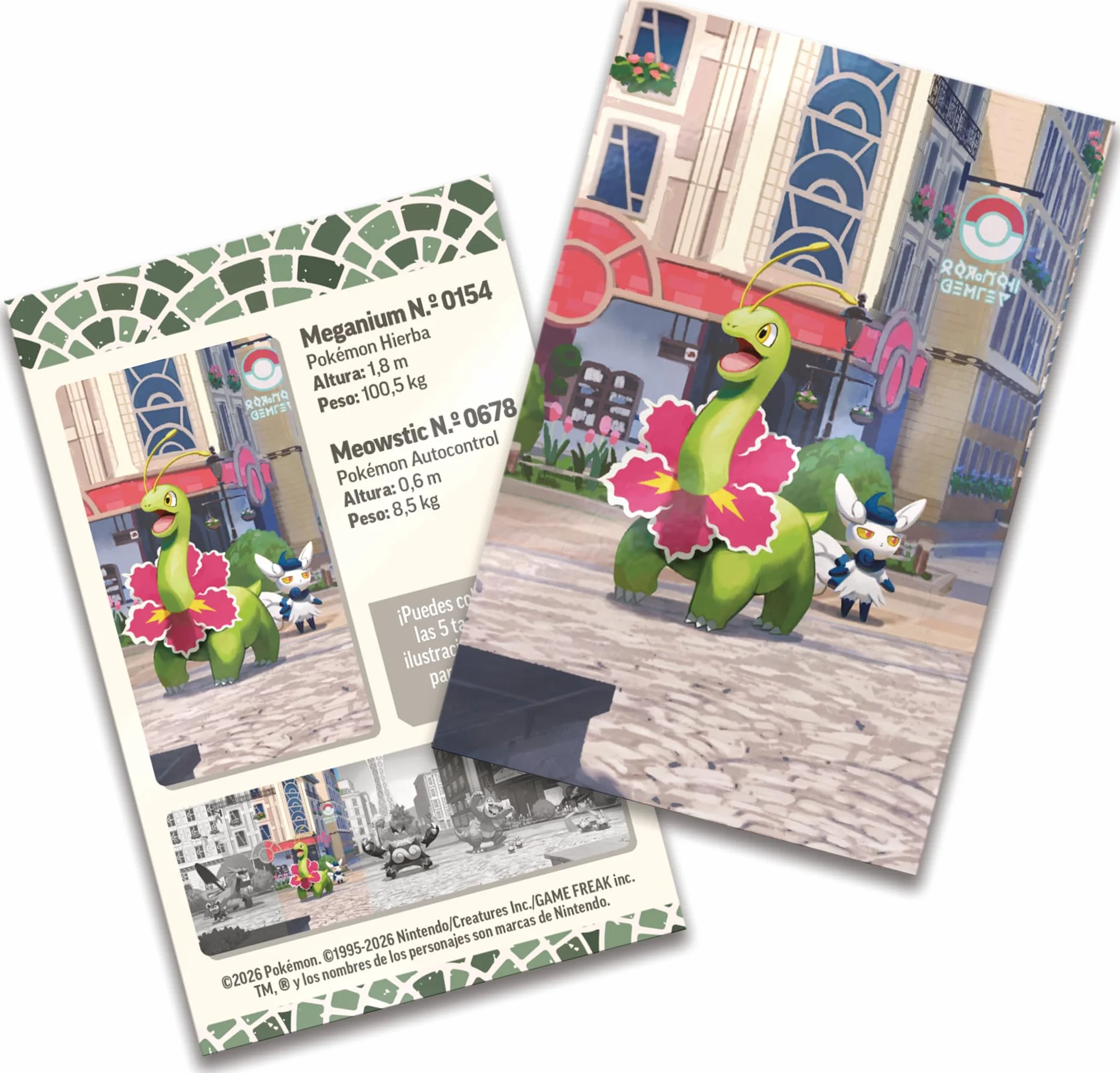 Pokémon JCC Minilata Ciudad Luminalia: Meganium y Meowstic (2 Sobres de Mejora, 1 Tarjeta ilustrada, 1 Pegatina)
