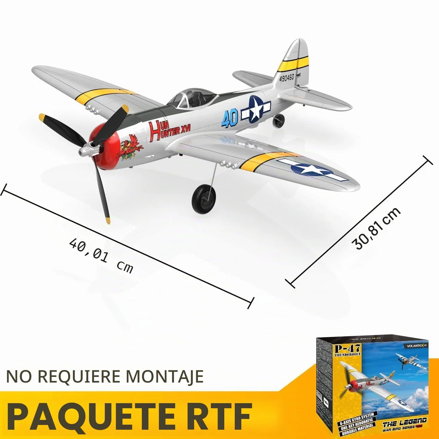 volantexrc P-47 Thunderbolt Avión RC - 4 Canales 2.4GHz RTF con Estabilización 6 Ejes, Modelo de Combate para Principiantes y Expertos (Listo para Volar)