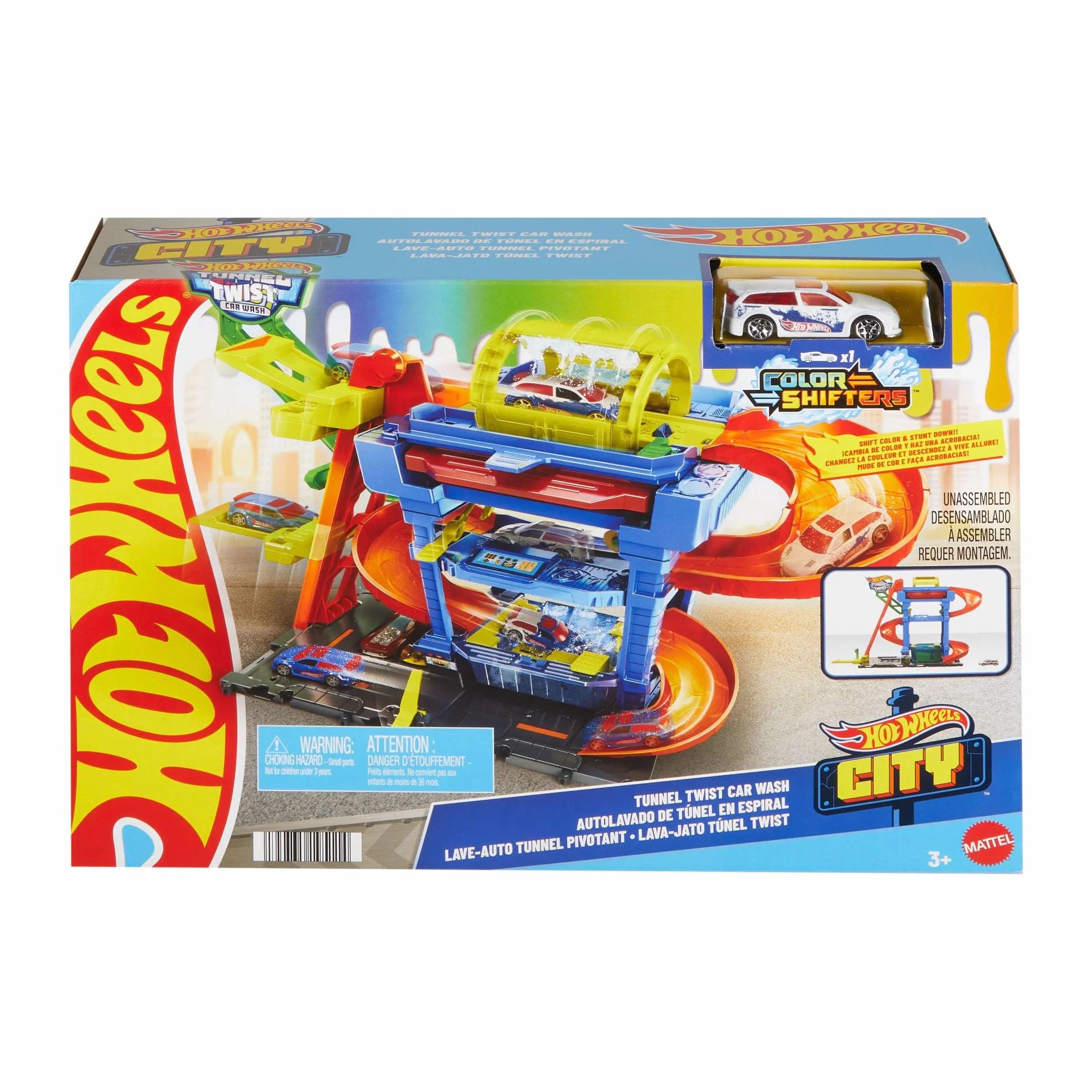 Hot Wheels City “Let's Race - ¡a correr!” Netflix -Túnel de lavado con giros Pista para coches de juguete, incluye 1 vehículo color shifter, +4 años (Mattel HTN80)