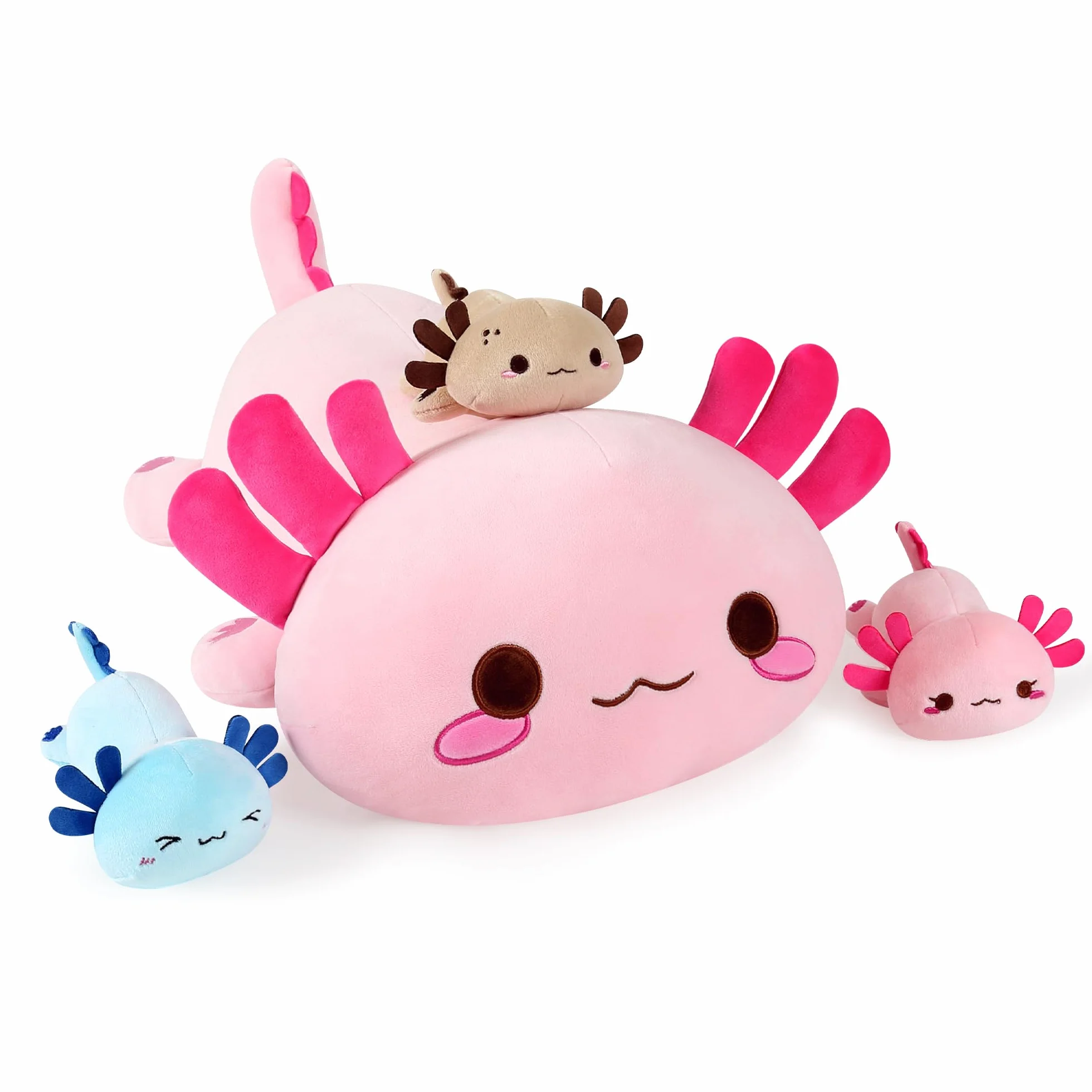 Shownicer Peluche de Axolotl Kawaii - Mamá y 3 Bebés Cojín de Felpa, Almohada Muñeca, Cojín de Lanzamiento - Regalo para Niños y Niñas