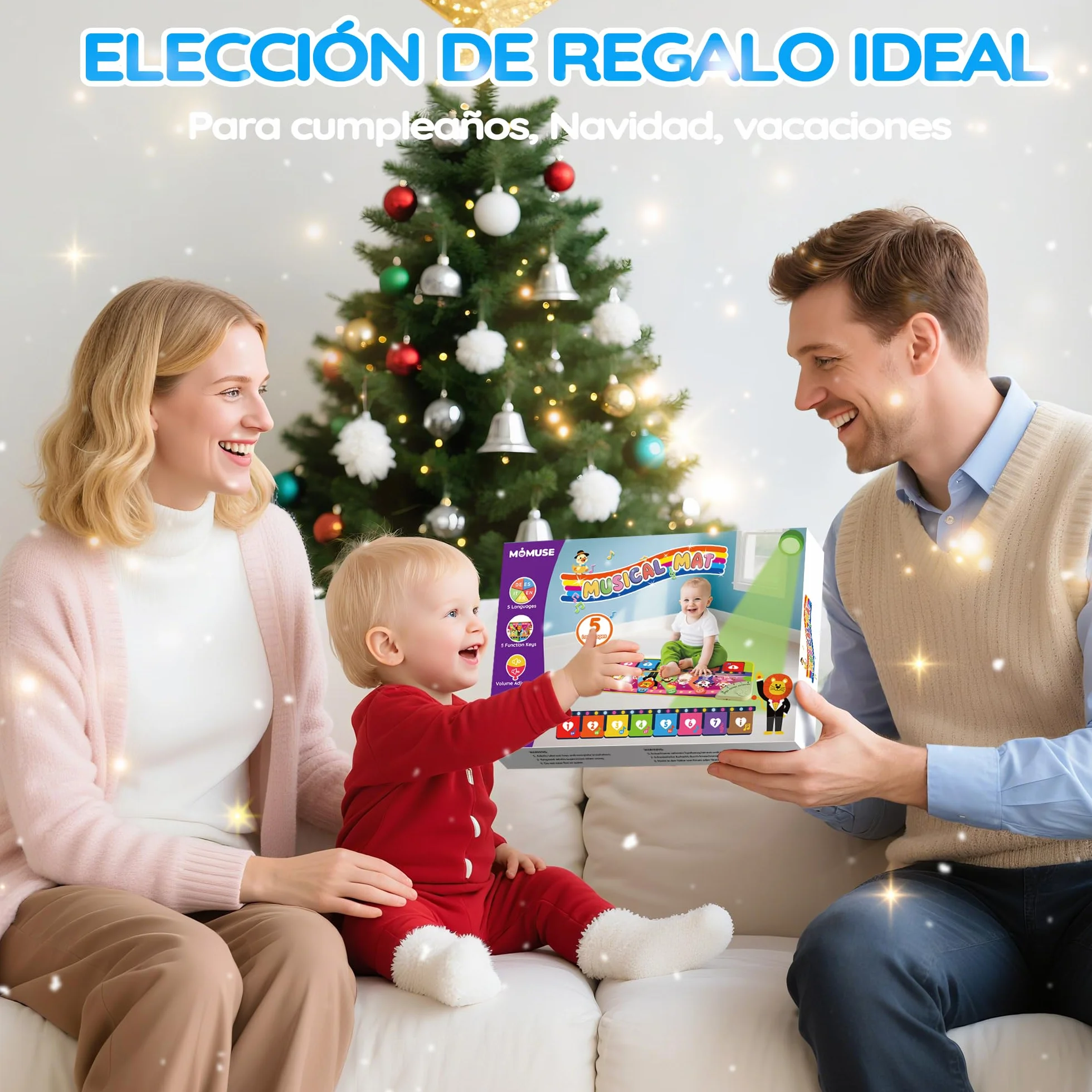 MOMUSE Alfombra Musical 5 Idiomas (ES/DE/FR/IT/EN), Juguetes Niños 1 Año, Piano Infantil Multilingüe con 9 Animales, Portátil, Ligero, Regalo Na-vidad/Cumpleaños para Bebe Niñas Niños 1 2 3 4 Años