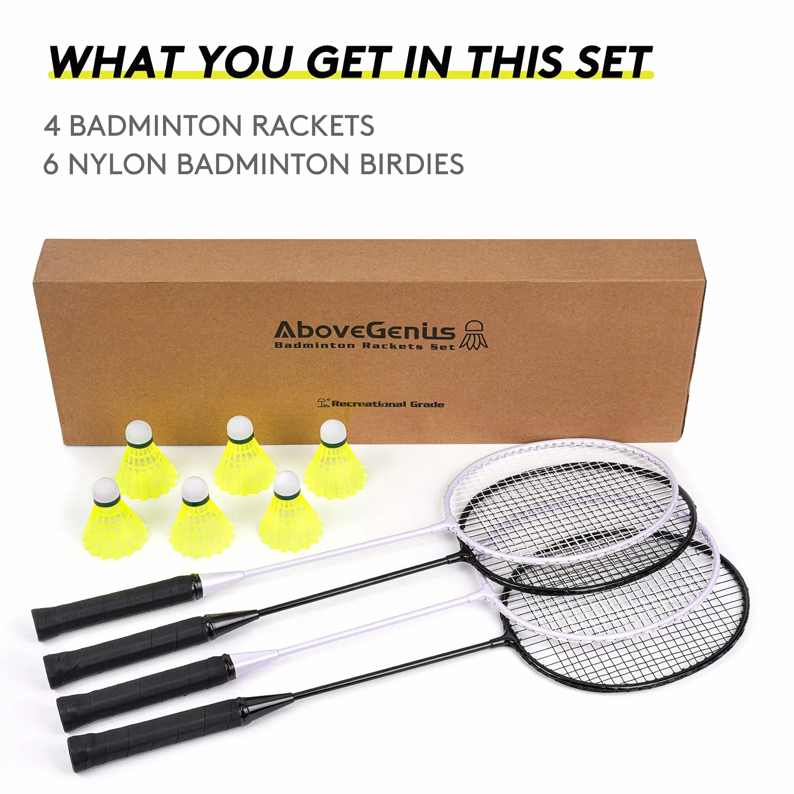 AboveGenius Juego de 4 raquetas de bádminton al aire libre con volantes de nailon para principiantes