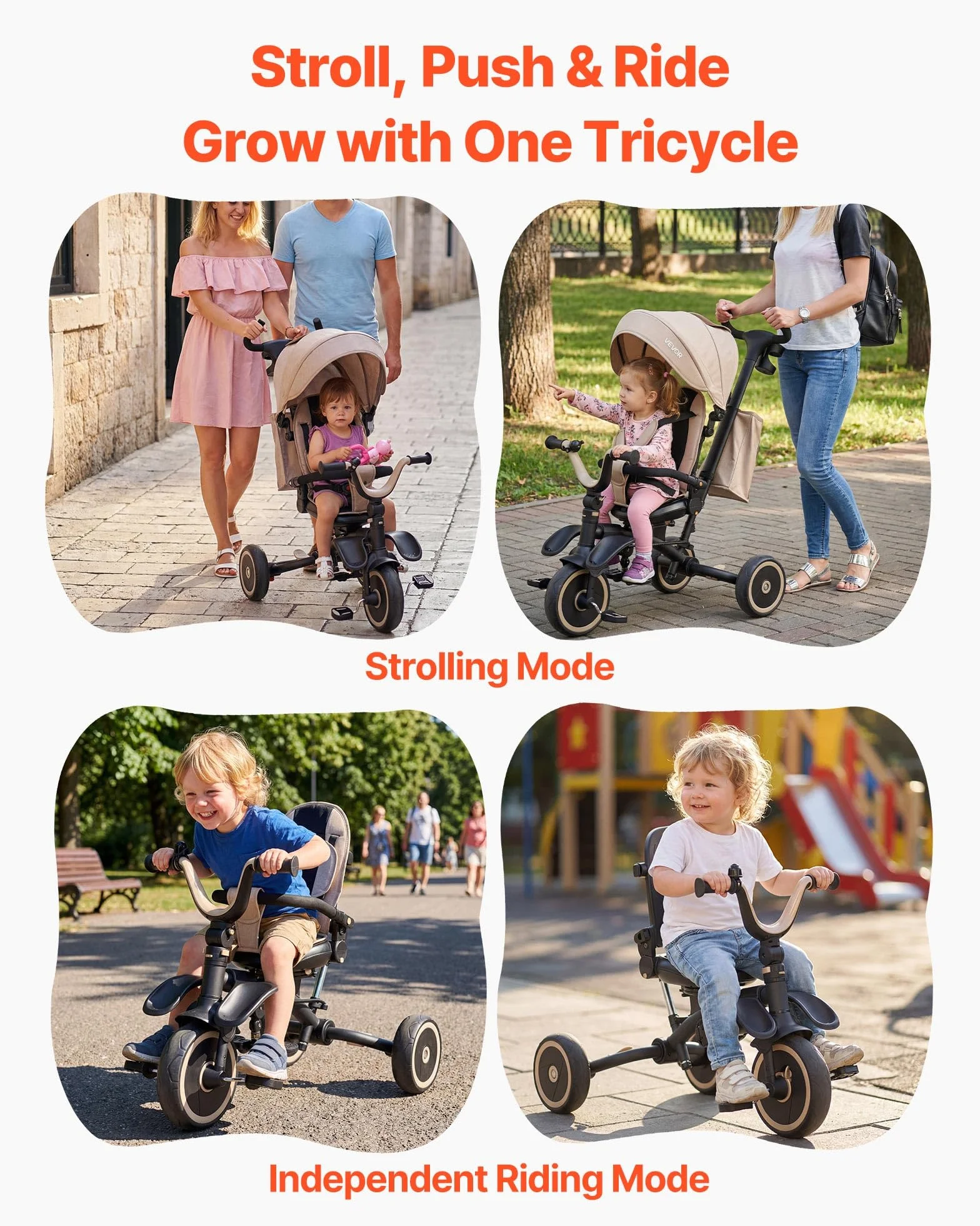 VEVOR Triciclos Plegable para Niños de 1,5 a 5 Años, Triciclo Infantil con Manillar de Empuje, Capota, Asiento Giratorio, Espacio de Almacenamiento, Cuadro de Acero al Carbono, Caqui y Negro