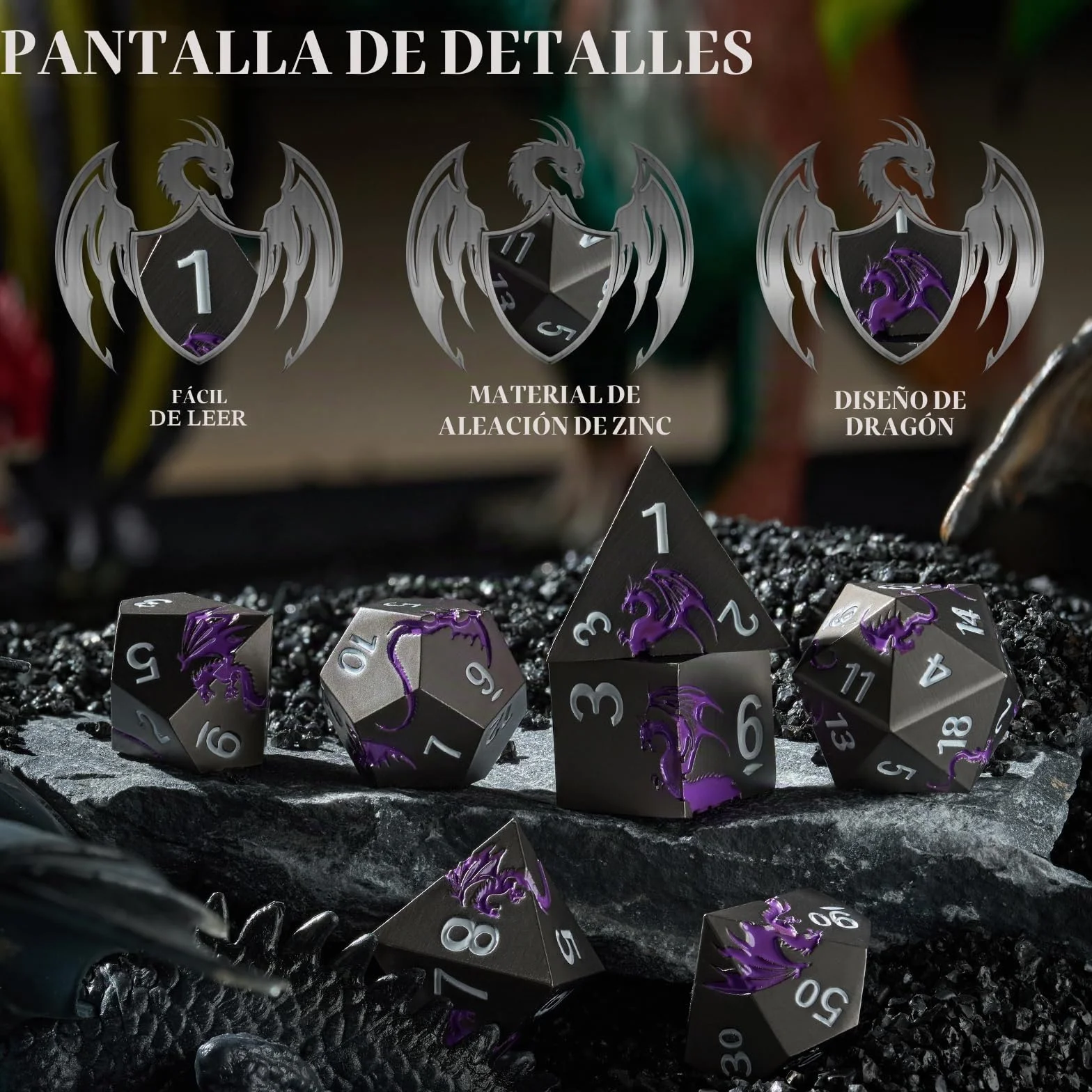 Juego de dados de metal D&D, dados poliédricos de 7 piezas, dragón, metálicos, para juego de mesa de Dungeons and Dragon, RPG (dragón negro y púrpura)