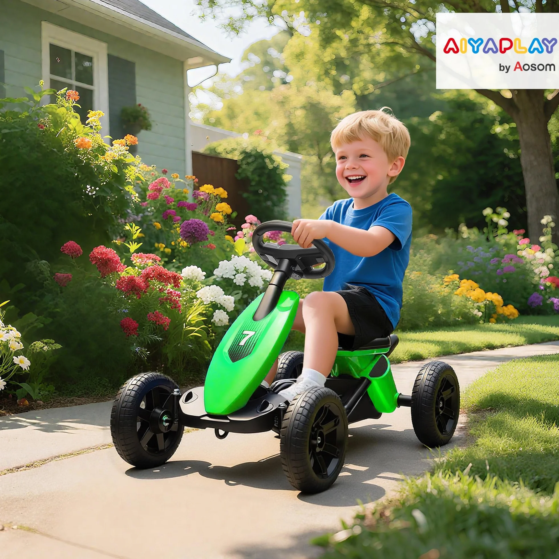 AIYAPLAY Kart a pedales para niños, go-Kart para niños con ruedas de EVA silenciosas, avanzar y retroceder, coche a pedales para niños de 2 a 5 años, color verde