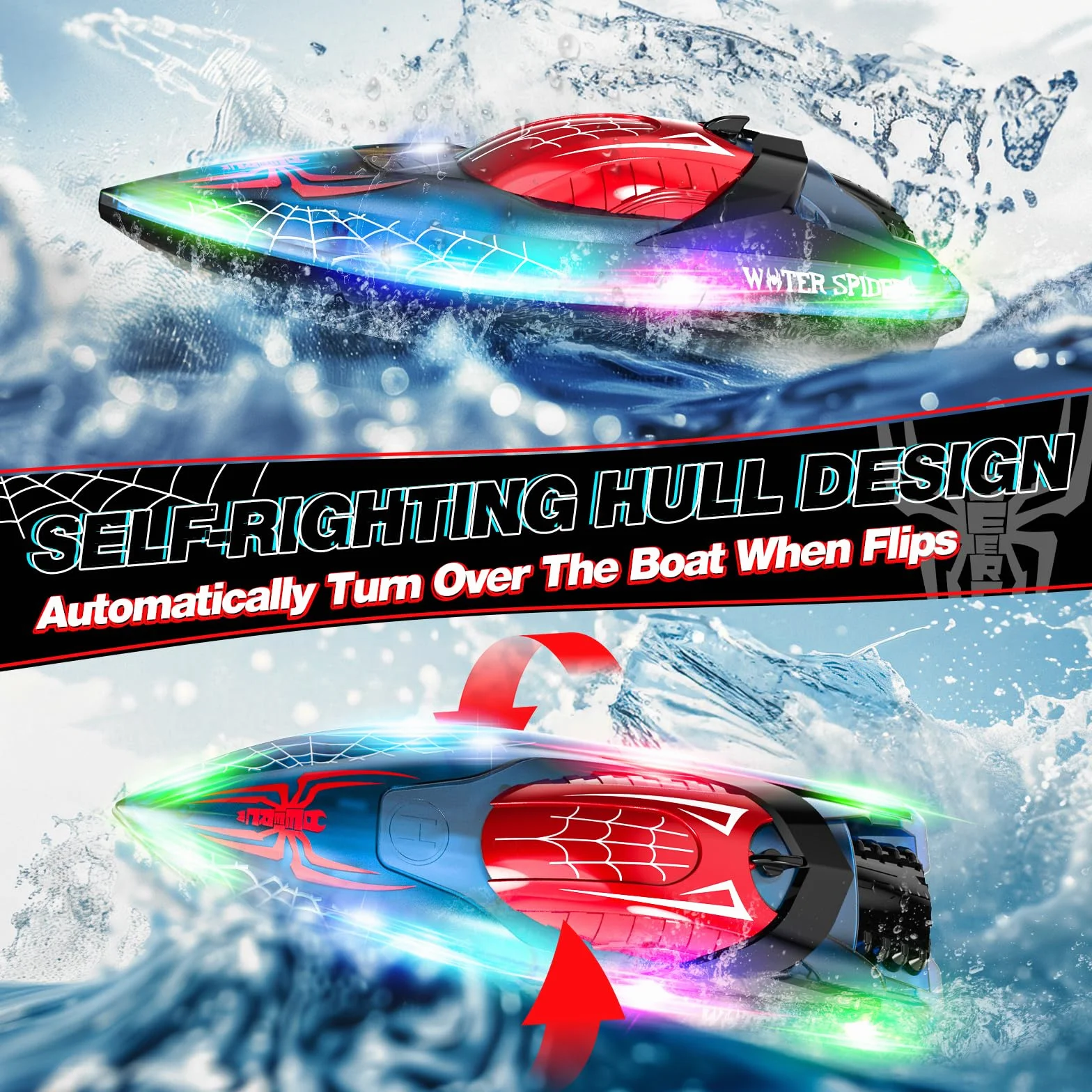 DEERC Barco Teledirigido Spider con luz LED para niños, Barco RC Totalmente proporcional de 2,4 GHz para Piscinas y Lagos, Tiempo de ejecución de 80 Minutos, Juguetes para Piscinas