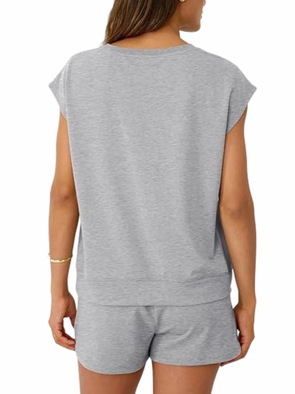 Chándal Mujer Verano 2 Piezas Casual Cuello Redondo Top Sin Mangas Pantalones Cortos Bolsillos Cordón Ajustable