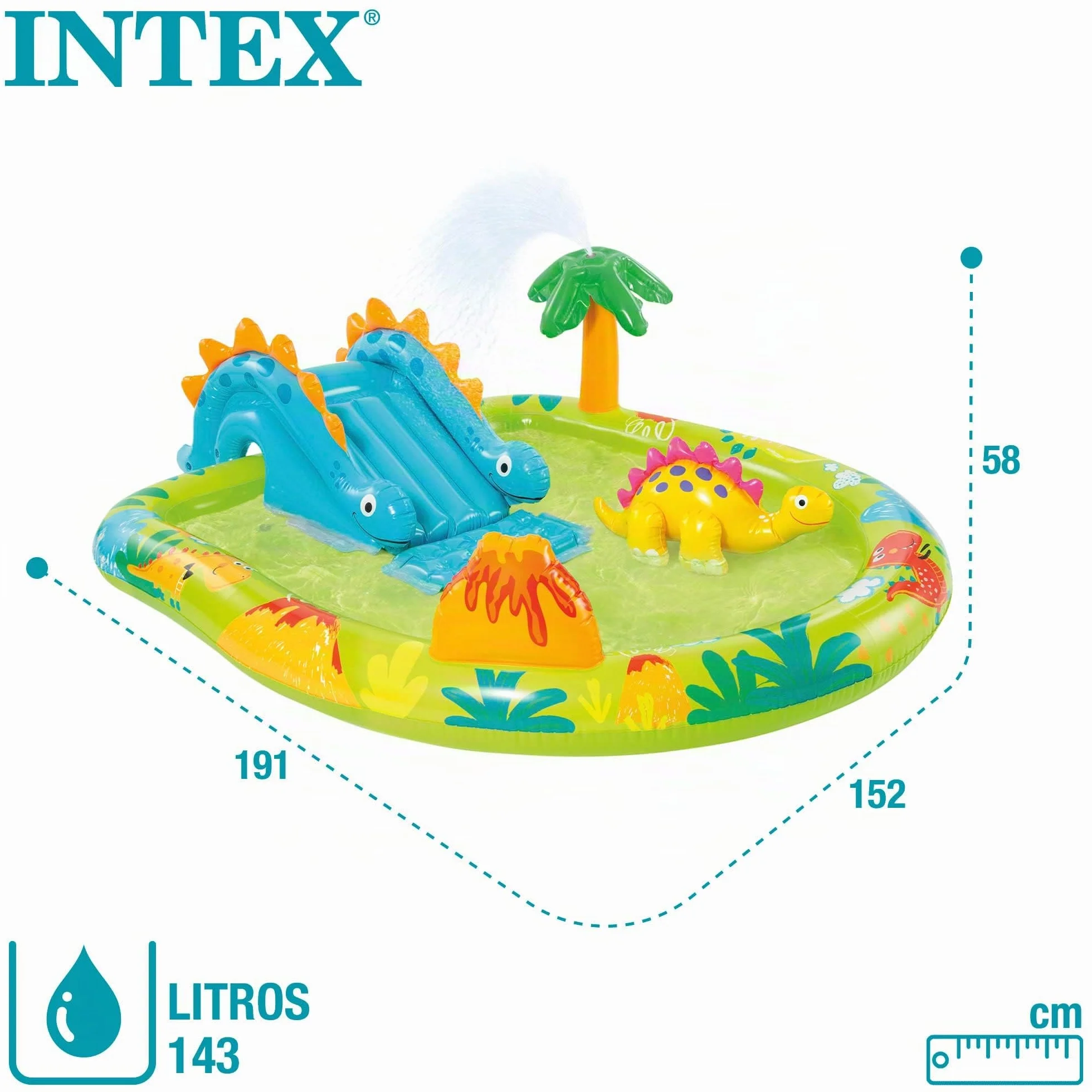 INTEX Piscina infantil hinchable con dispersor de agua y tobogán dinosaurio