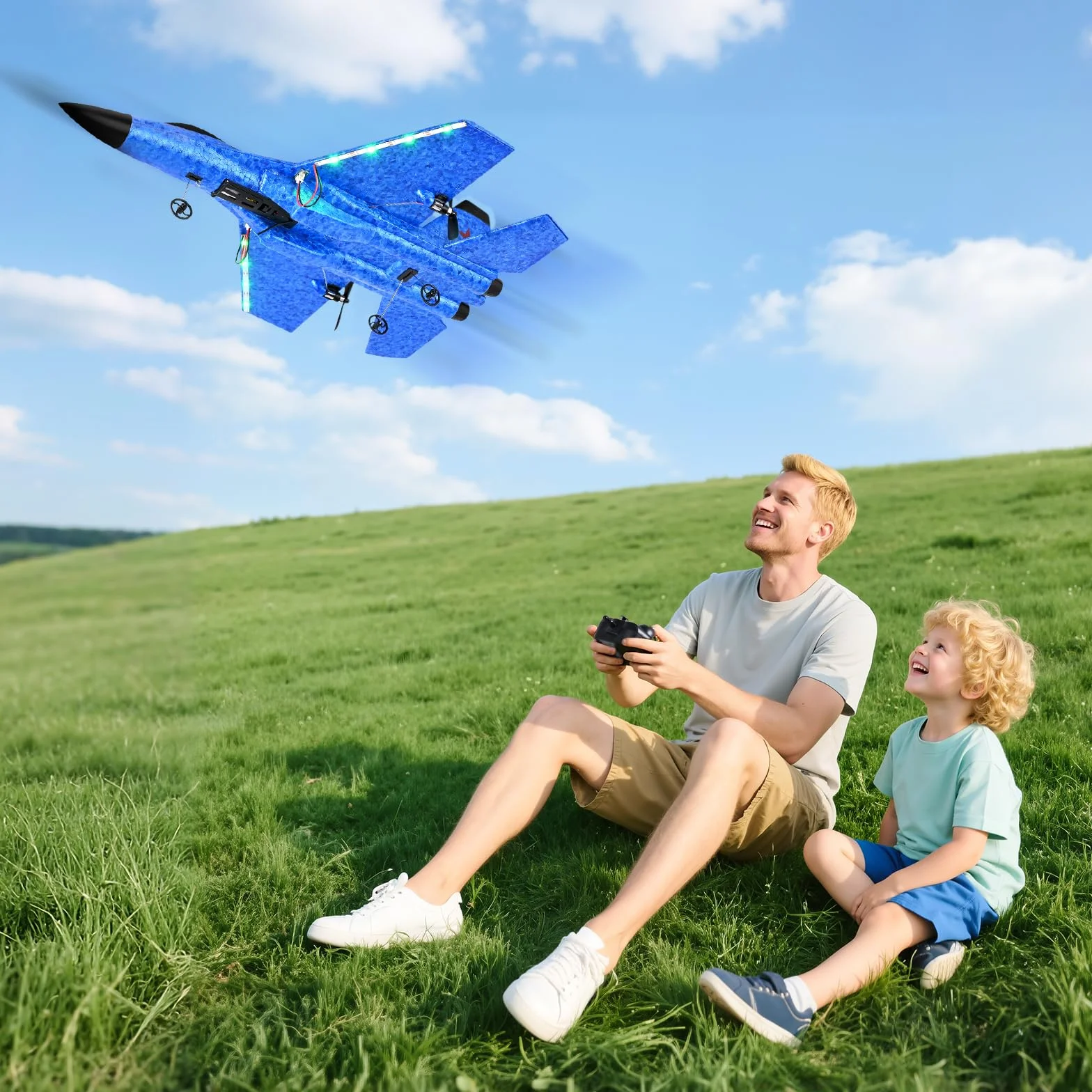 Avión Teledirigido, Avión RC 2.4GHz Avións Control Remoto Niño, Luces LED de Colores, para Niños y Principiantes, estabilizador giroscópico de 3 Ejes de Control Remoto,Azul