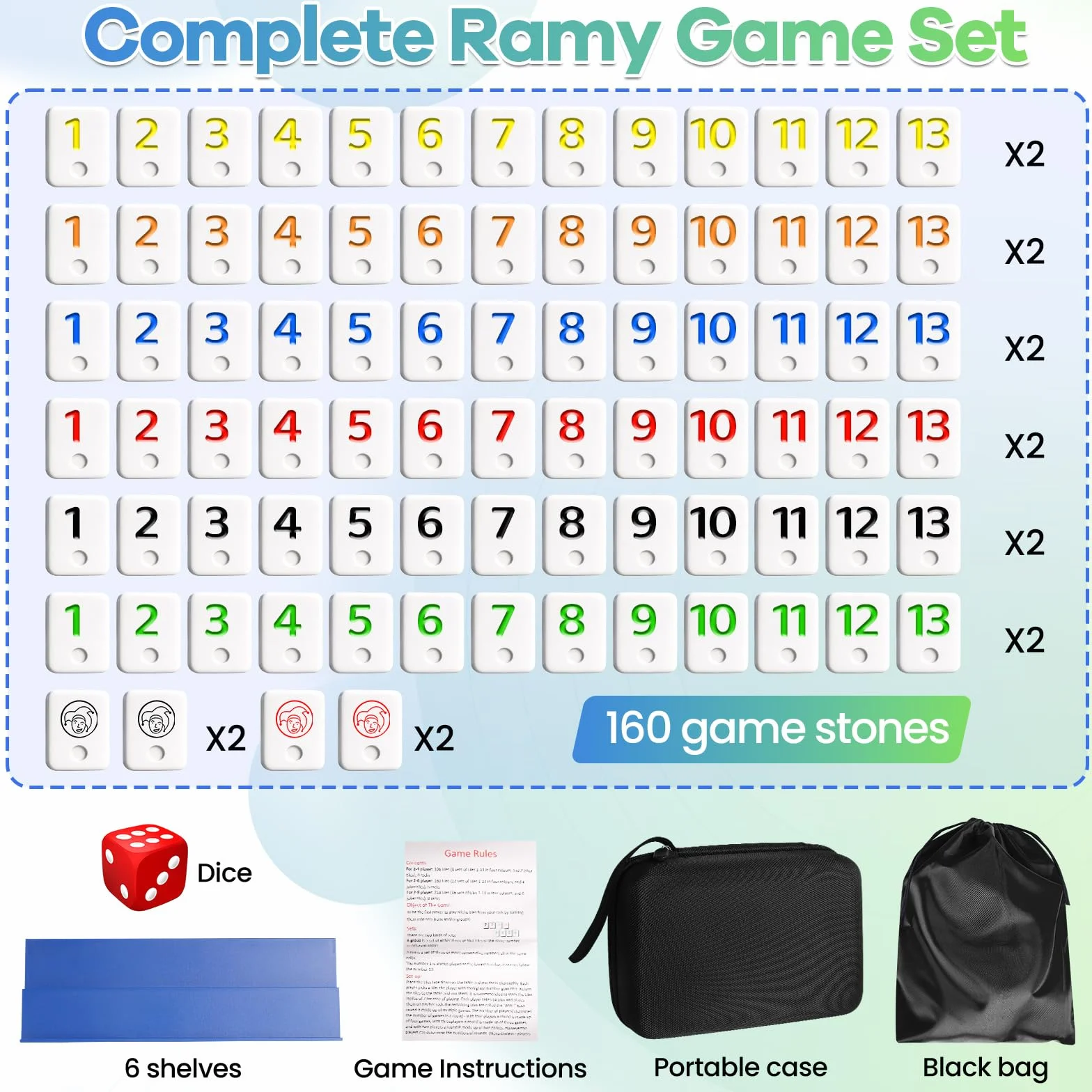 Rummy Cup Original Rummy Juego de viaje con cordón de almacenamiento para adultos, 160 piedras, juego de mesa Rummy Cup para 2-6 jugadores, con 6 soportes de juego, 1 dados juegos de mesa