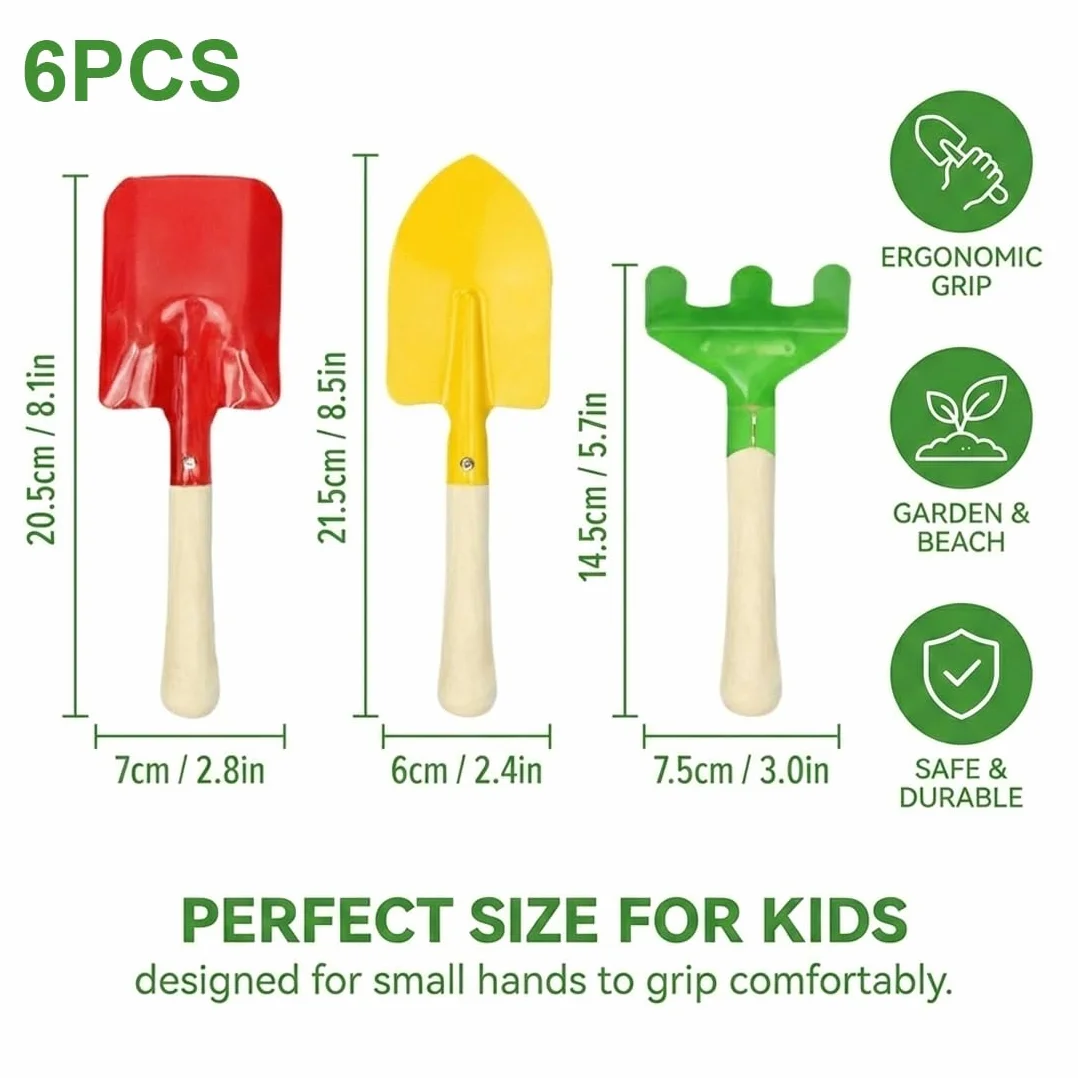 Kit de jardinería infantil de 6 piezas con pala, rastrillo y azada de metal y madera para jardín, balcón, terraza y cajón de arena.