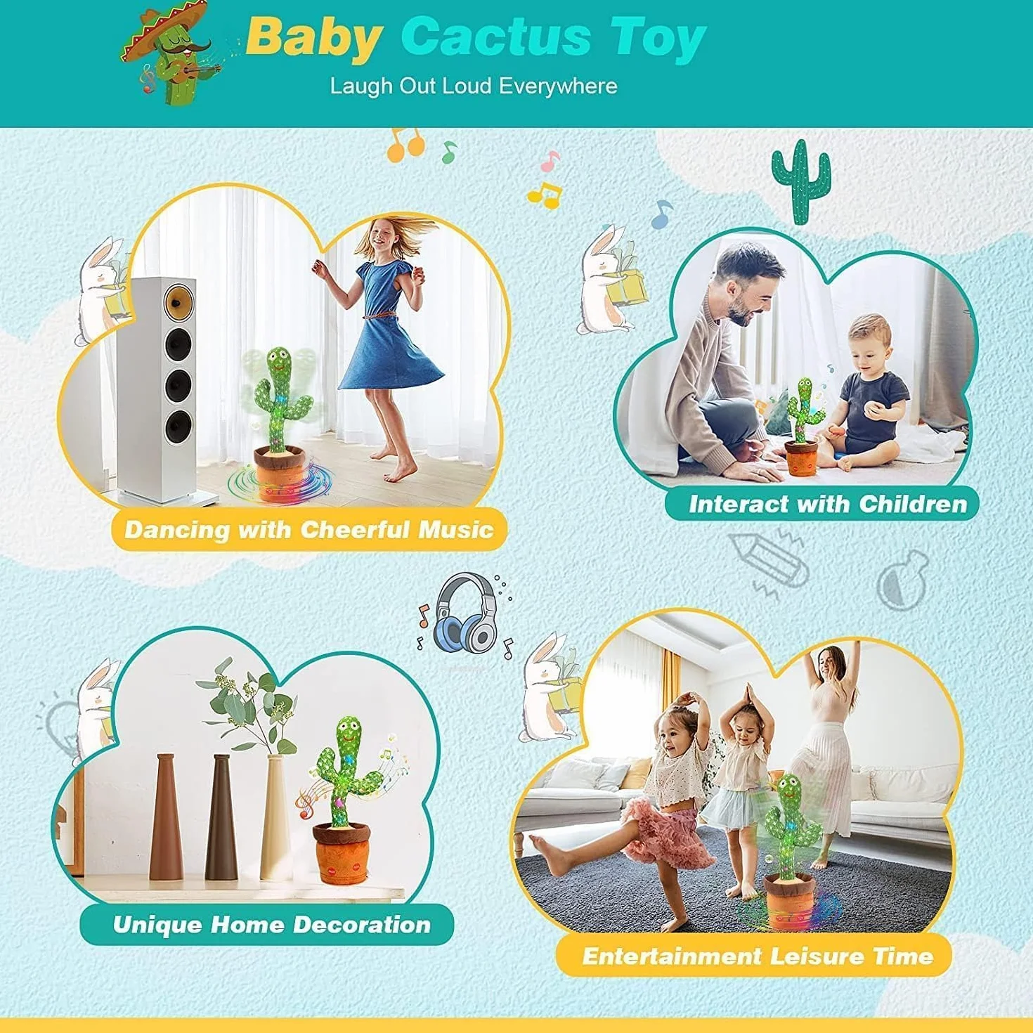 Cactus Bailarín | Interactivo Que Baila y Habla en Español | Peluche con Luces y Música Que Repite tu Voz | Regalo Original para Cumpleaños de Niños