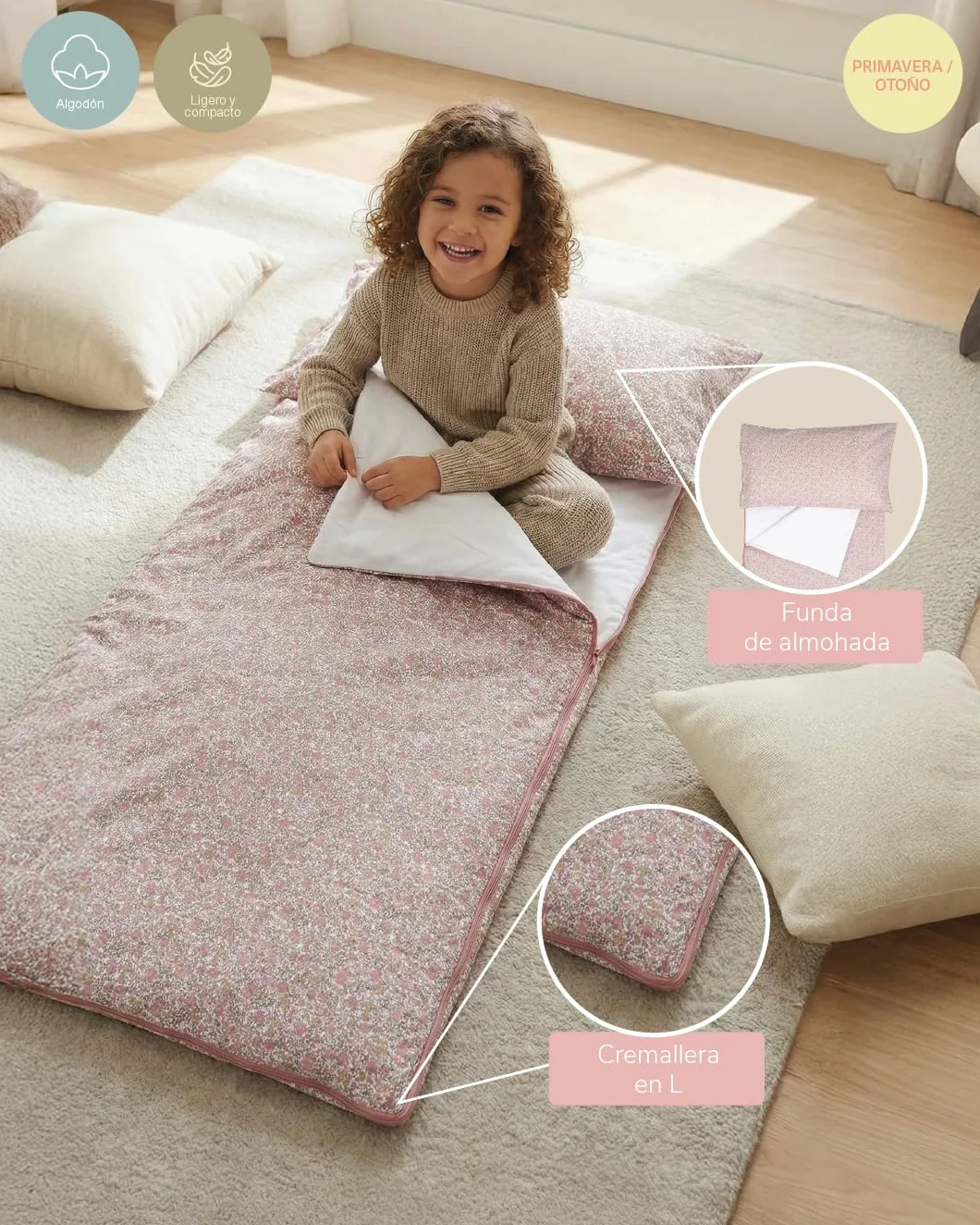 molis&co - Saco de Dormir Infantil - Saco Edredón Relleno Nórdico - Ideal para Primavera y Otoño - Juego de Manta 140x70cm con Almohada 60x40cm - 100% algodón