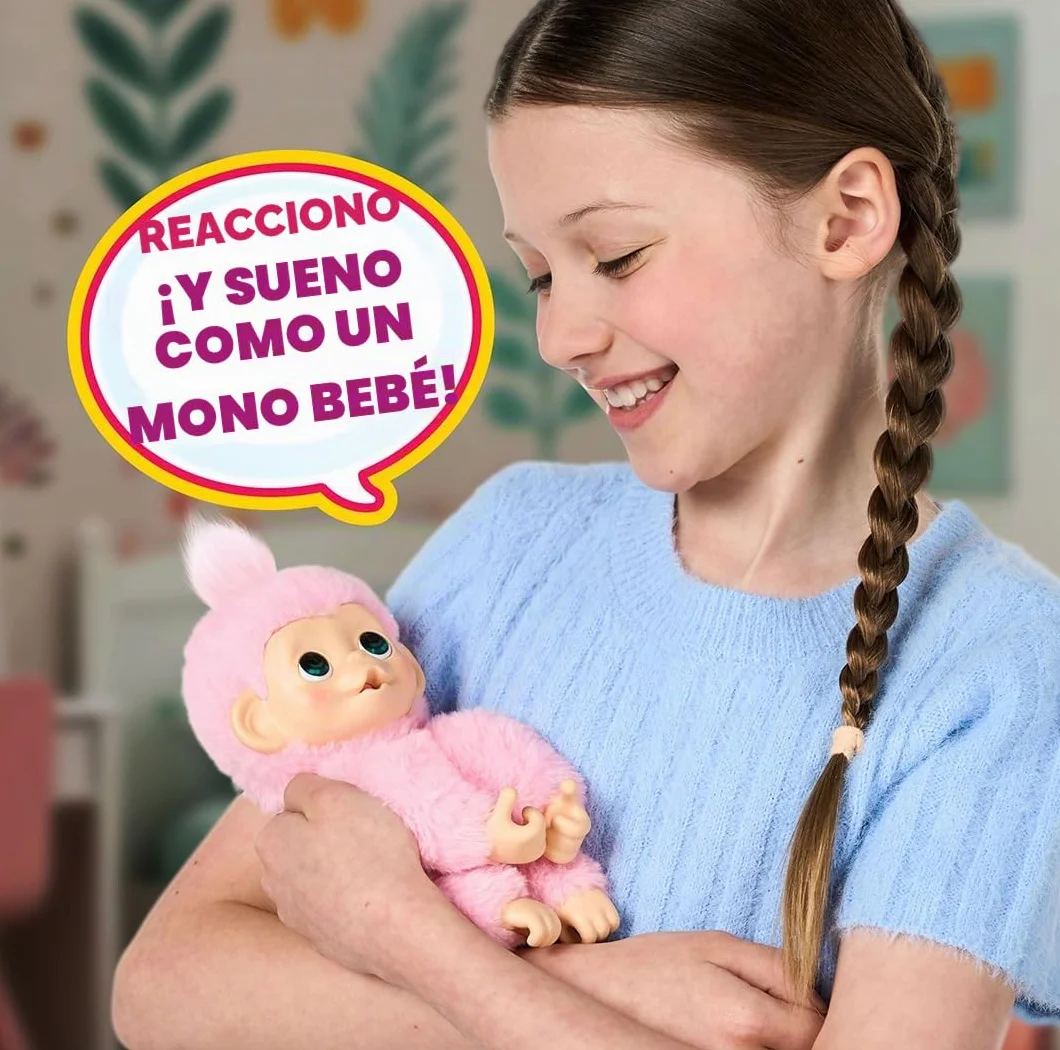 Little Live Pets Baby Monkey Minis Luna Lemon, Juguete Interactivo, 20 Sonidos, Suave Pelaje Rosa, 18,8 cm