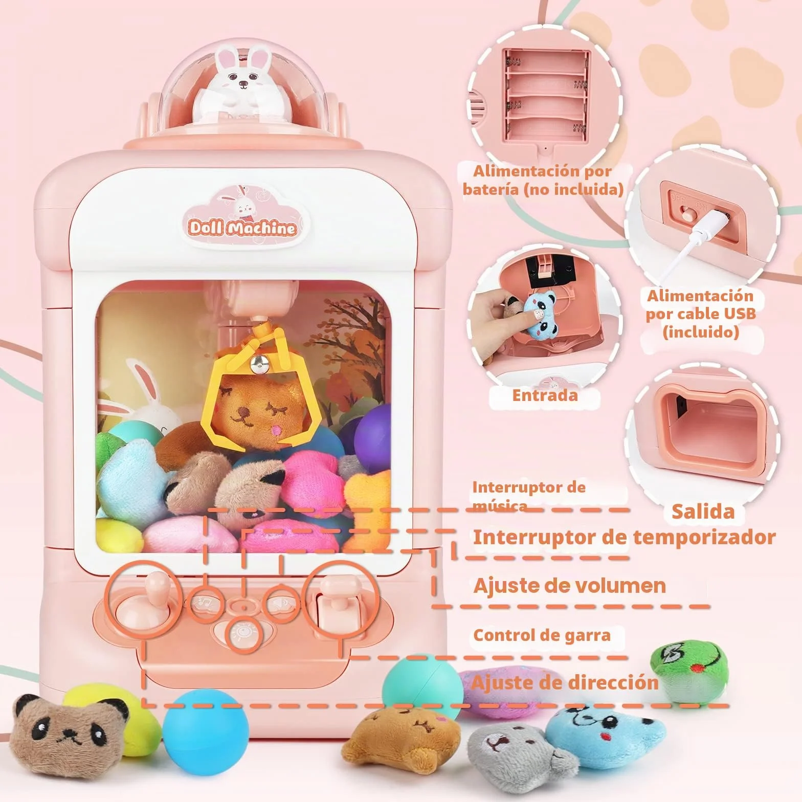 deAO Máquina de Garras Juguete con Música, Incluidy 20 Peluches, 10 Gashapones, Mini Máquina de Garras Buen Regalo para Cumpleaños, Navidad, Fiestas, Juego de Fiesta