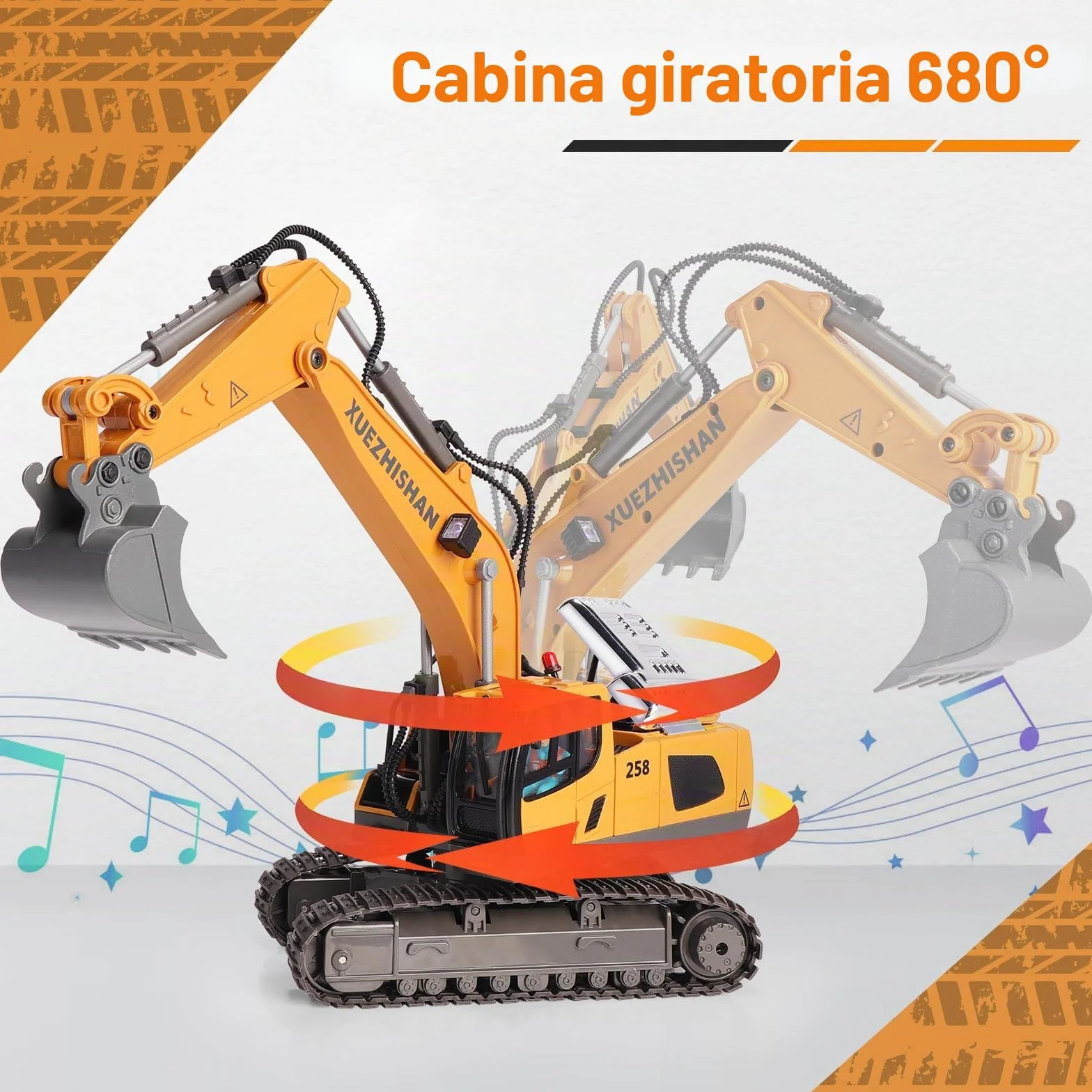 Excavadora teledirigida de juguete RC 2,4 GHz, 11 canales, mando a distancia con pala de aleación de hierro, 2 baterías con luz y música