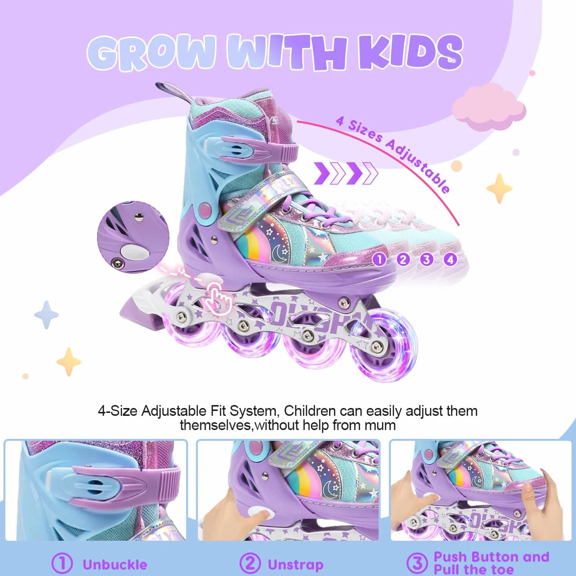 Patines en Línea Ajustables 4 Tamaños para Niña y Niño Interior Exterior