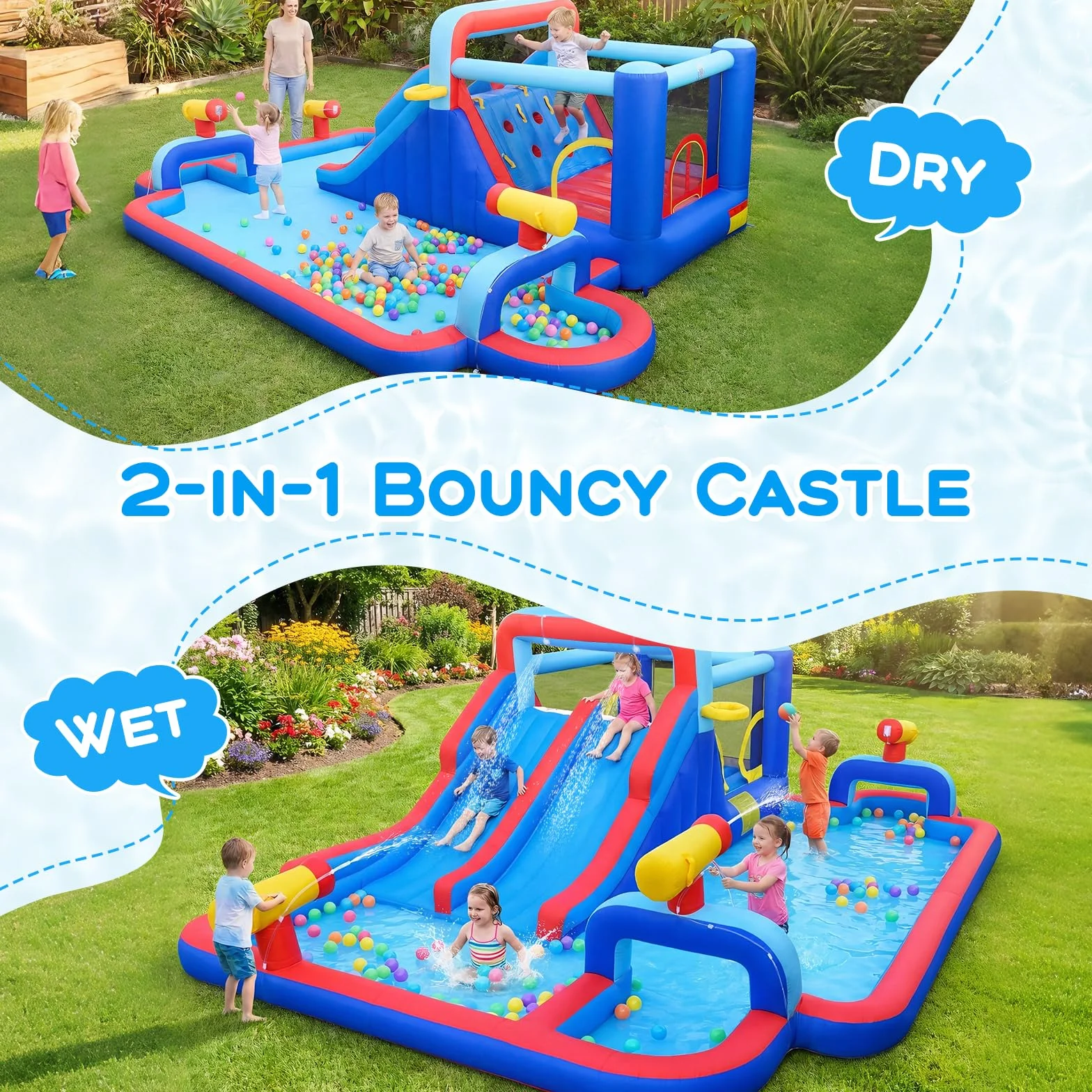 GOPLUS Castillo Hinchable, Castillo Inflable 2 en 1 con Pared de Escalada, Cañones, Piscina de Chapoteo y Tobogán Acuático, Casa de Saltos Infantil para Interior y Exterior, Soplador No Incluido