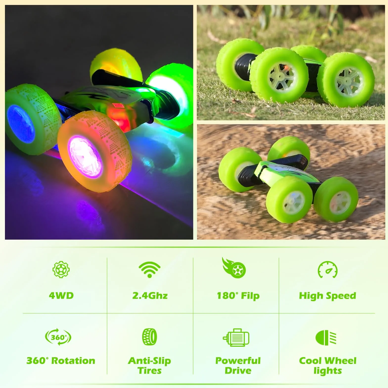Coche Teledirigido 2.4Ghz 360 Grados Rotación Acrobático Juguete Regalo 6-12 Años Niños Niña Incluye Batería Recargable Verde