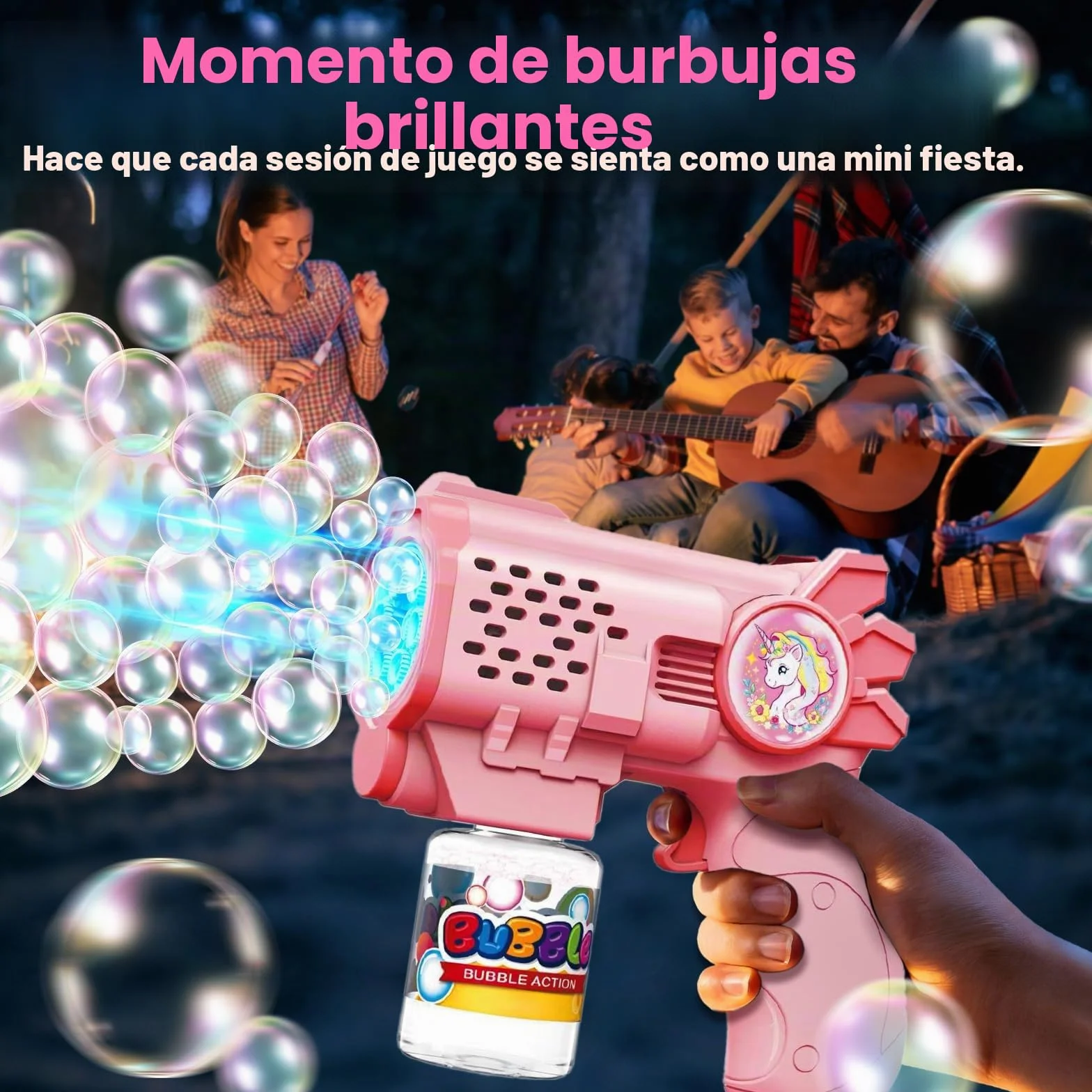 Tecnock Pack de 3 Pistolas de Burbujas Automáticas para Niños, 12 Pilas AA Incluidas, 3 Botellas de Solución y 5 Recargas, Ligeras, Antiderrames, Regalo de Cumpleaños y Detalles para Fiestas