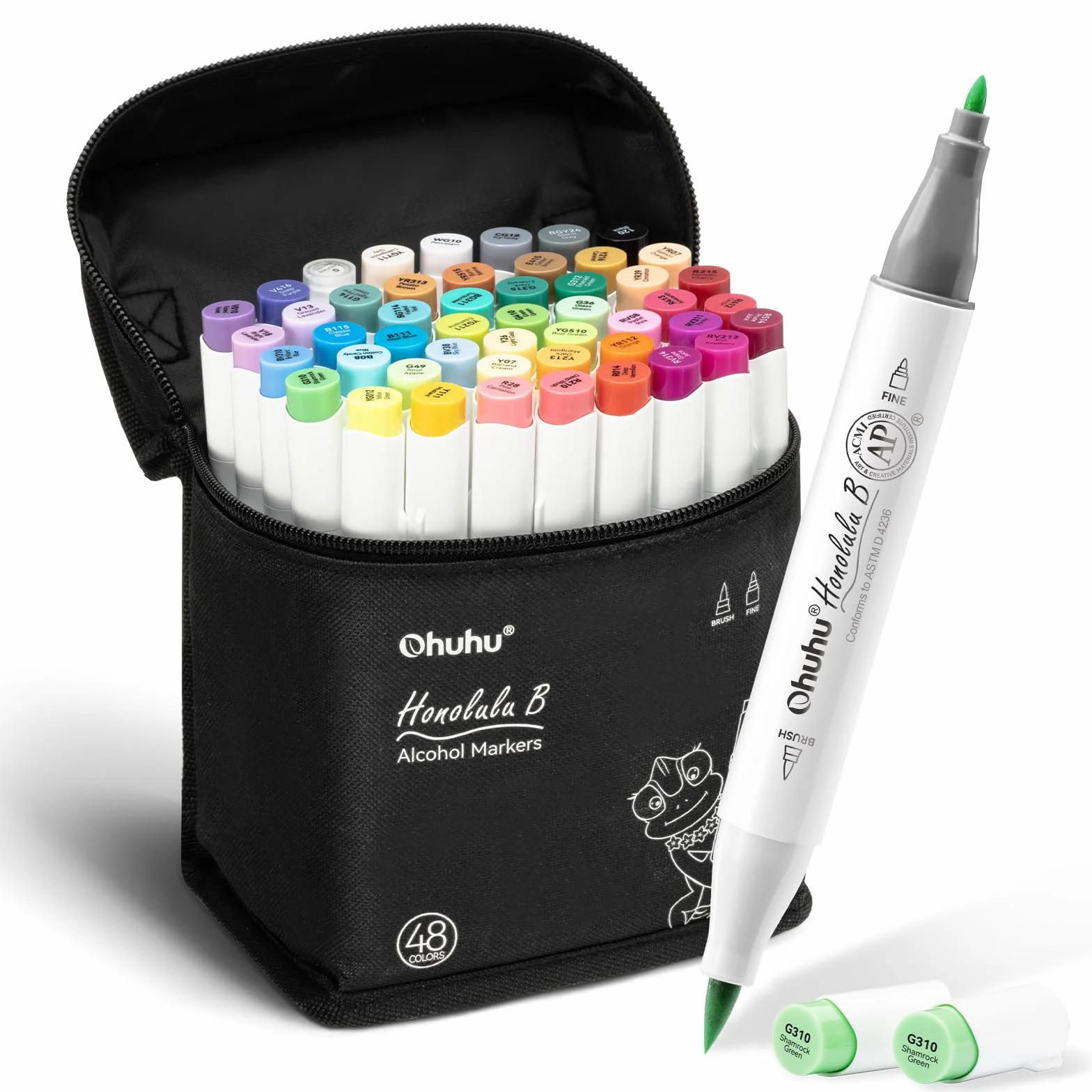 Ohuhu 48 rotuladores de colores a base de alcohol Rotuladores de dibujo de doble punta (pincel y punta fina) para niños o artistas, tanto para colorear como ilustración para adultos