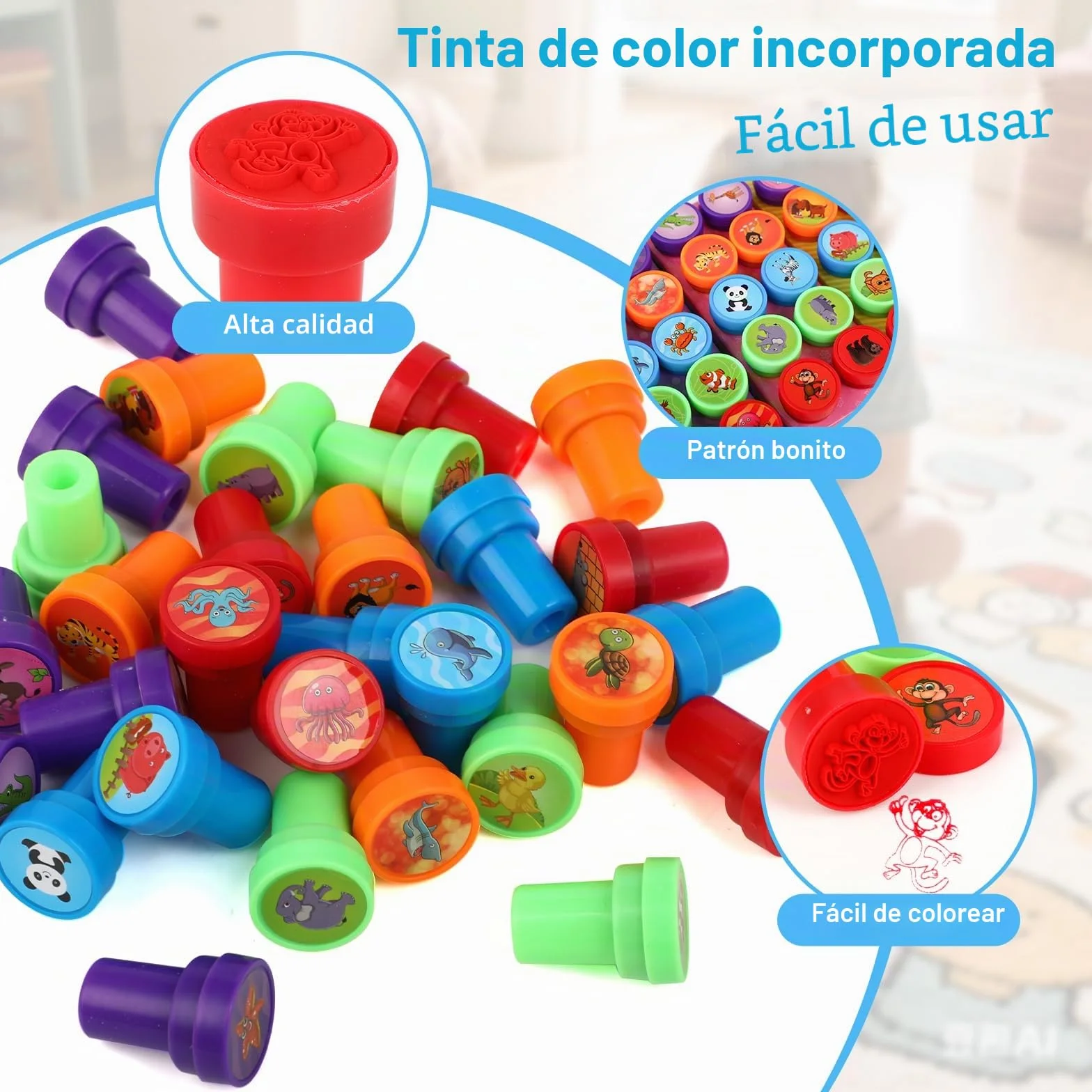 RMIVEGLIA Set de 30 Sellos Infantiles – Sellos para Niños Autotintables con Dibujos de Animales, de Plástico en 5 Colores, Regalos Cumpleaños Niños Colegio, Detalles para Fiestas.
