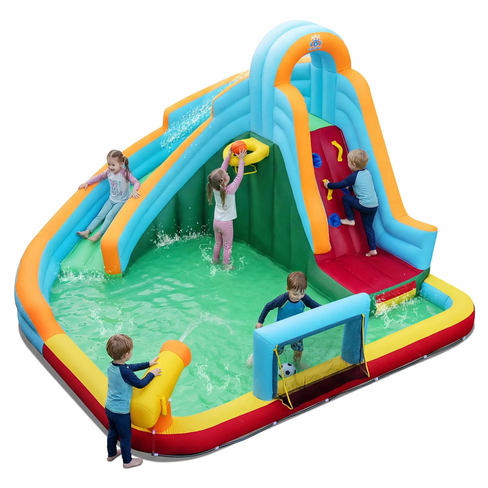 COSTWAY Castillo Hinchable Niños con Tobogán AcuáTico, Parque Infantil Inflable con Bolas Oceánicas, Fútbol, Baloncesto, Muro de Escalada, Aro, Portería y Cañón de Agua para 3 a 12 Años (Sin Soplador)