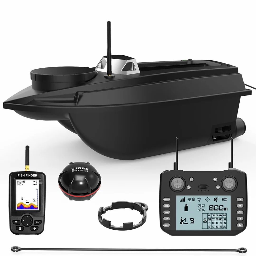 Barco de pesca RC con cebo, V030 12 V 2.4 G, barco de pesca RC de alta velocidad con posicionamiento GPS, control remoto de 800 m, 180 puntos de referencia GPS, carga útil de 3 kg, retorno automátic