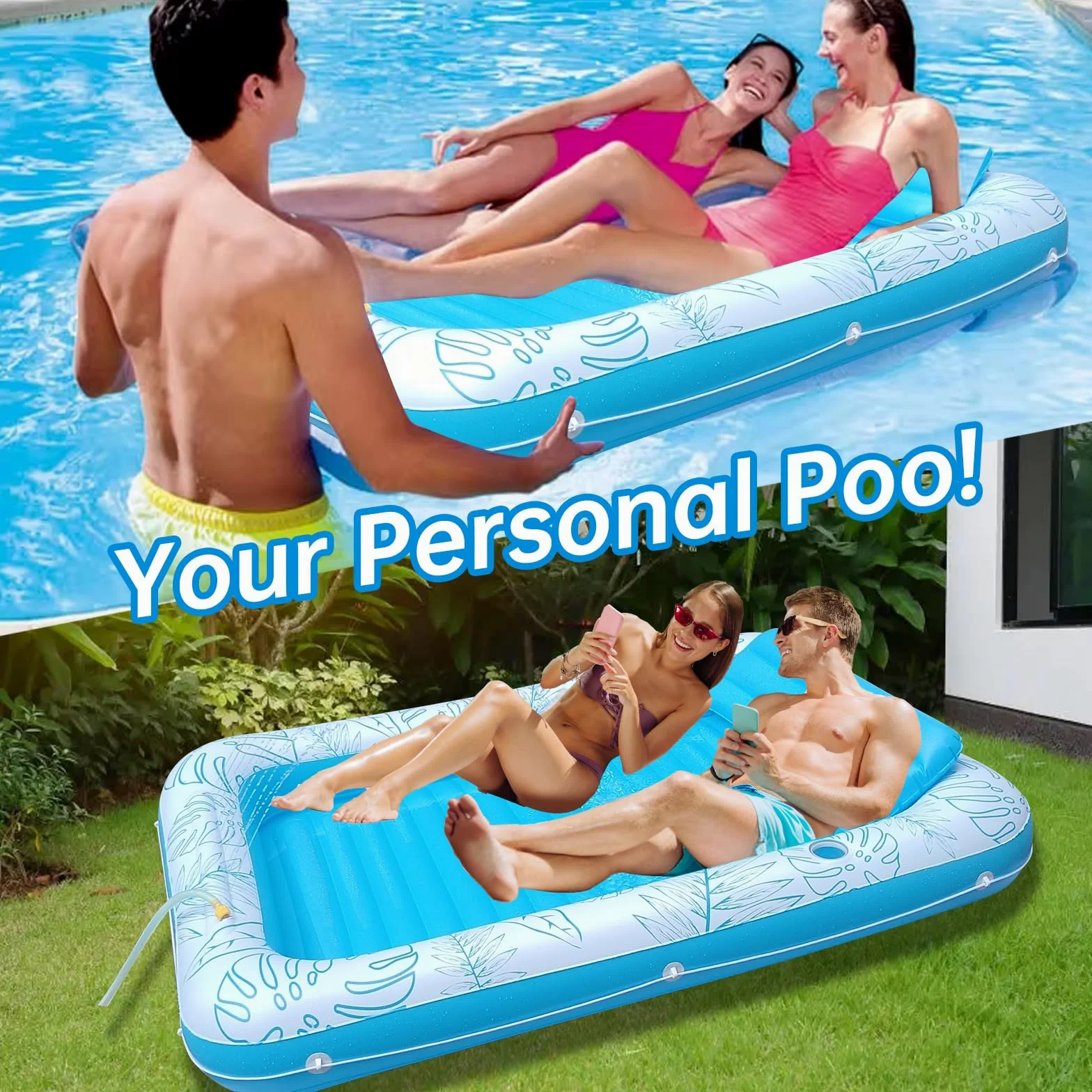 Flotador Inflable Extragrande de 85 x 57 Pulgadas para Piscina de Bronceado con aspersor y portavasos, balsa de Piscina para Adultos para Patio Trasero, Playa o Lago, Rosa/Azul, PVC Duradero, soporta