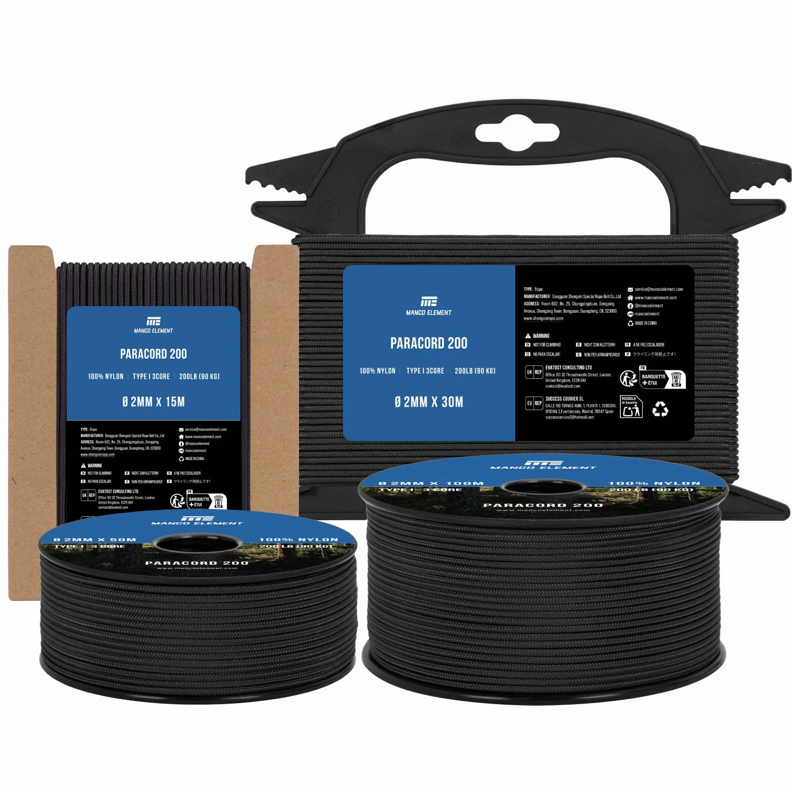 Cuerda de Nailon Paracord 2mm 15m 3 Hebras Tipo I Negro 90KG