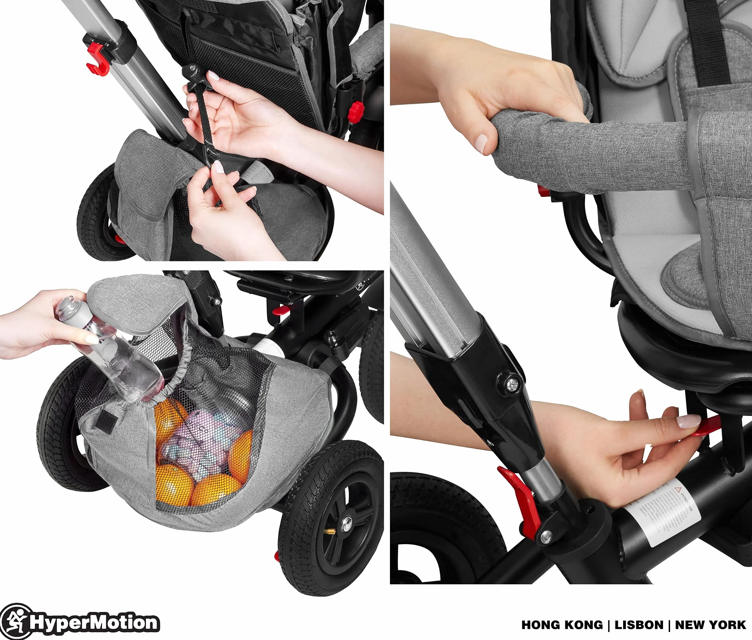 HyperMotion Triciclo Infantil 3 en 1 - Coche para Bebé con Asiento Giratorio y Cubierta de Lluvia - Triciclo Evolutivo 12 Meses a 5 Años, Plegable, Ruedas Bombeadas, 25kg, Gris