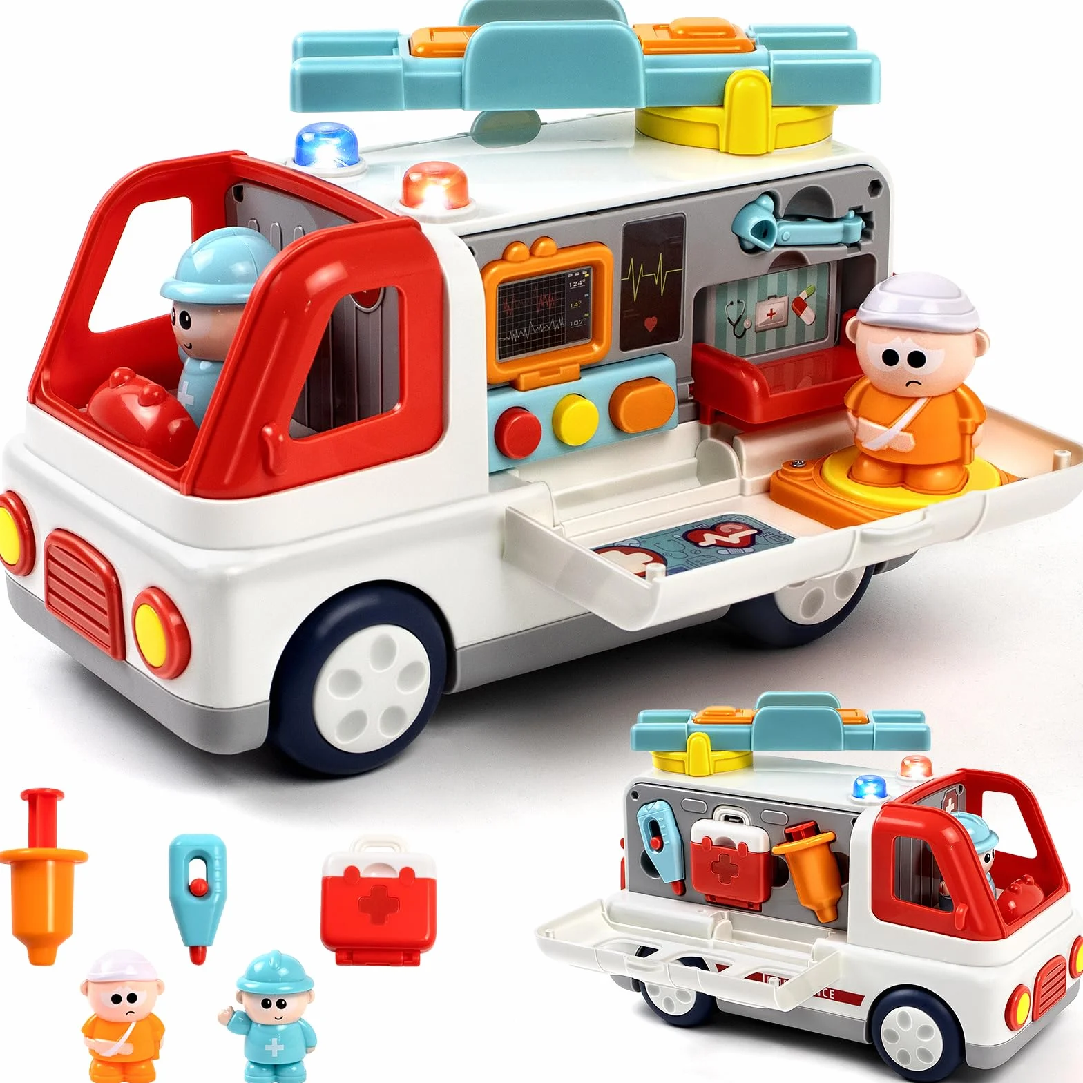 Juguete de ambulancia para niños a partir de 1, 2, 3 y 4 años con sonido ligero, ambulancia Montessori con figuras de accesorios médicos, muchas funciones juguetes educativos vehículos, regalos para